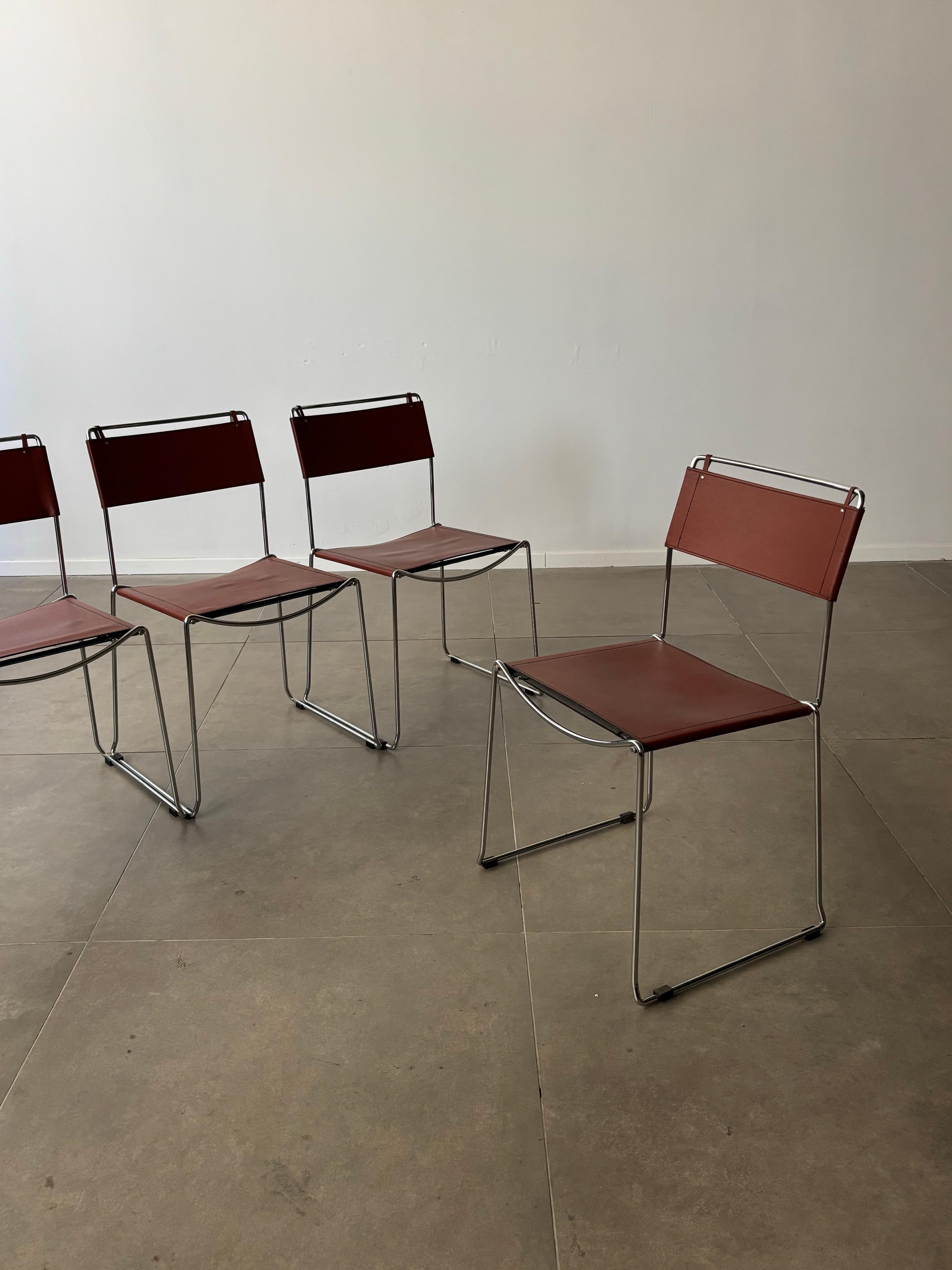 Set of 4 Italian Giandomenico Belotti chairs in brown leather 1980s. 1