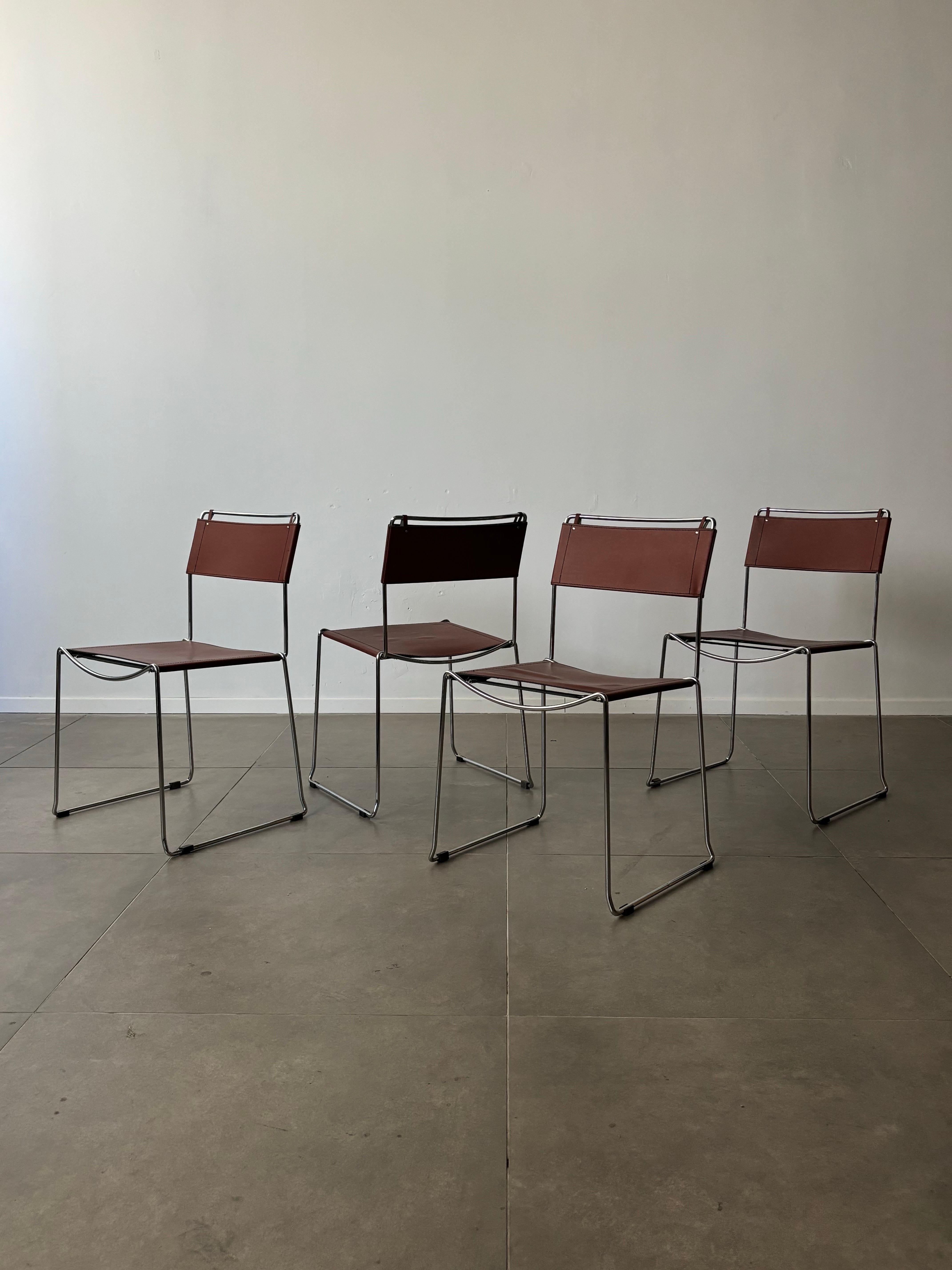 Set of 4 Italian Giandomenico Belotti chairs in brown leather 1980s. 2