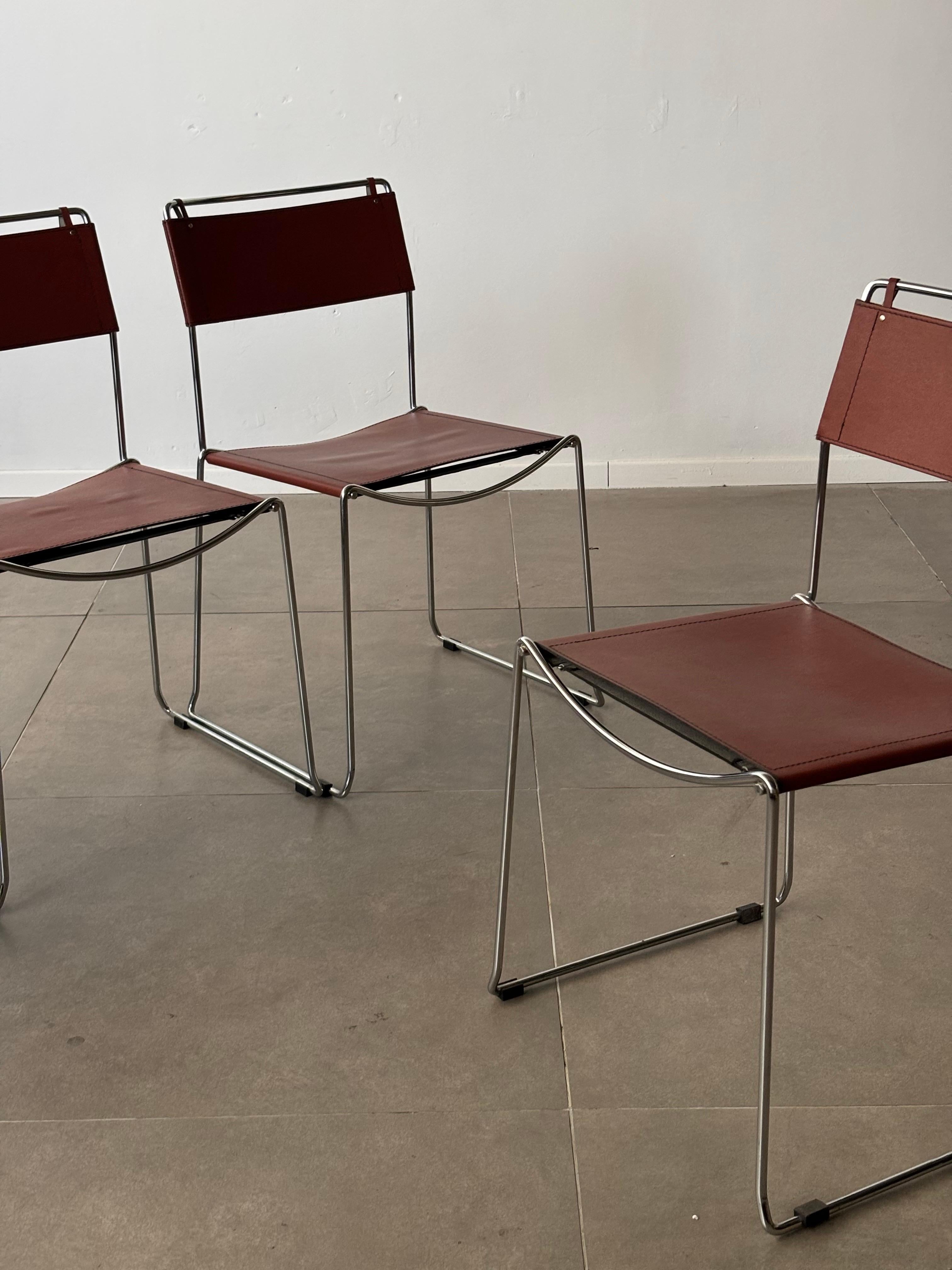 Set of 4 Italian Giandomenico Belotti chairs in brown leather 1980s. 4