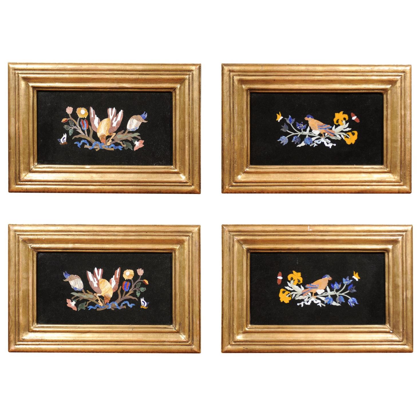 Set of 4 Italian Giltwood Framed Pietra Dura Specimen Marble Plaques