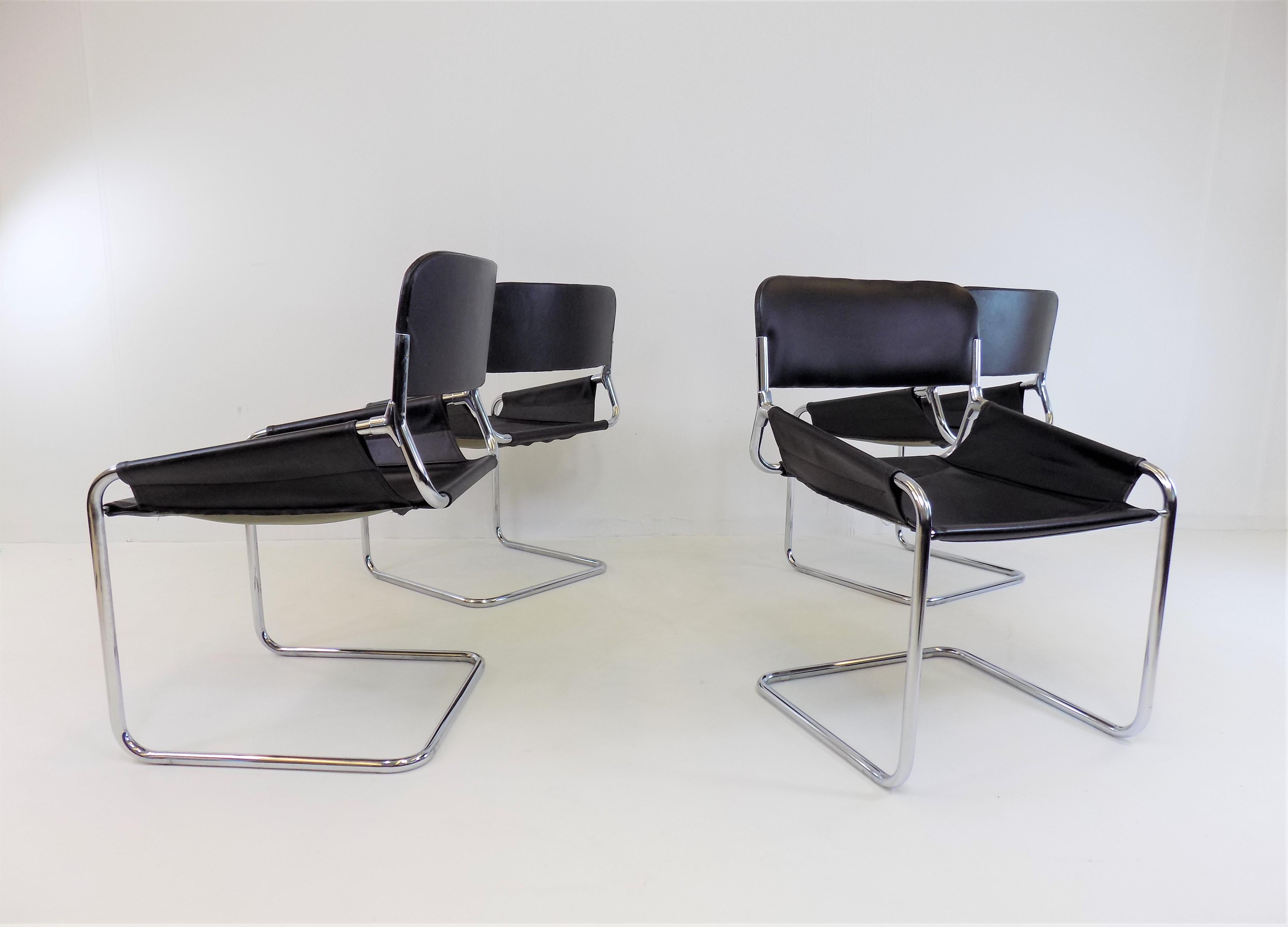 Set of 4 Italian Leather Cantilever Dining/Office Chairs, Italy, 1970s 5