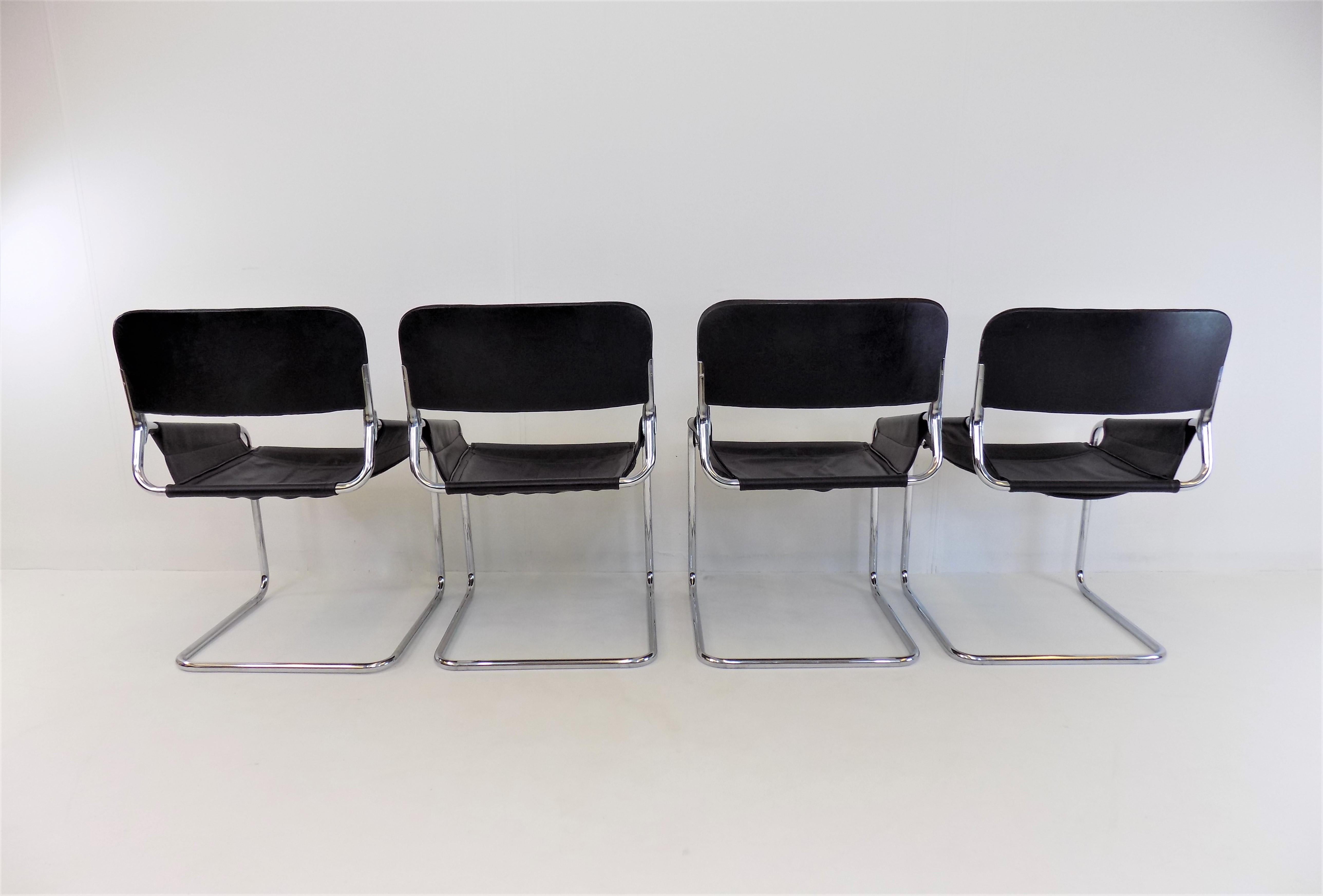 Set of 4 Italian Leather Cantilever Dining/Office Chairs, Italy, 1970s 10