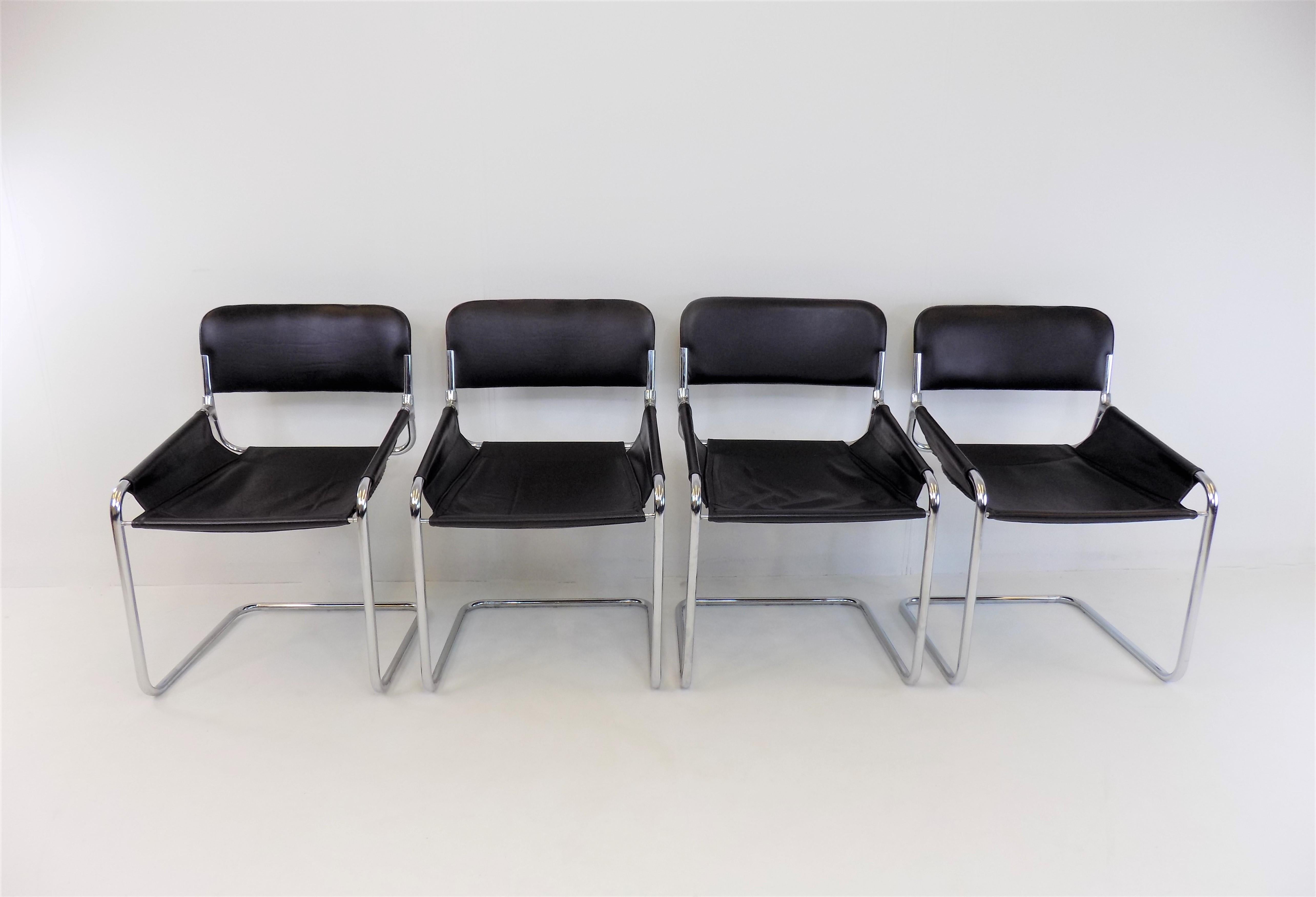 This set of 4 cantilever chairs is in very good condition. The black leather of the chairs is in perfect condition. The chrome frames show minimal signs of wear. The chairs are characterized by the unusual lines of the seat and the chrome frame,