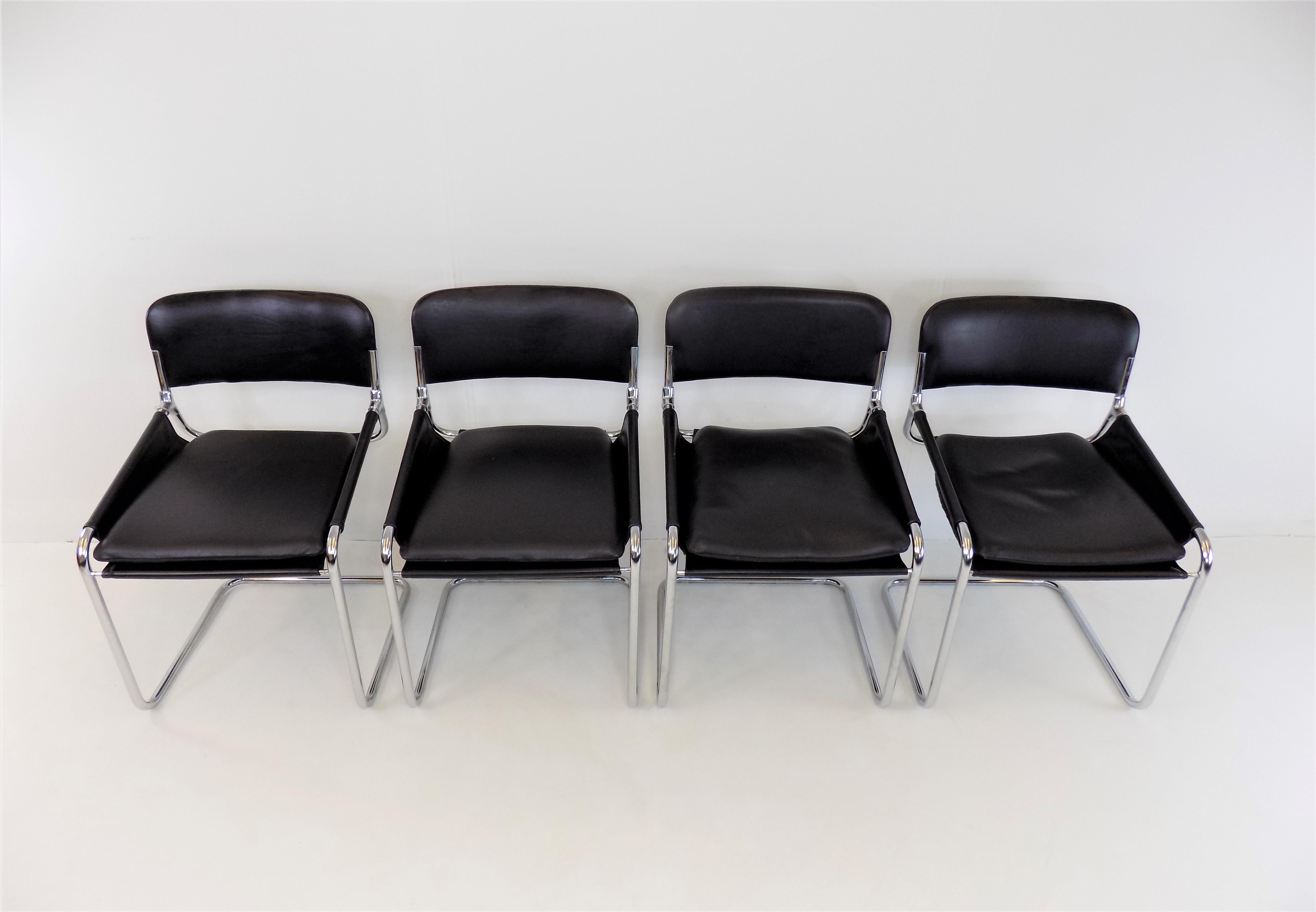 Set of 4 Italian Leather Cantilever Dining/Office Chairs, Italy, 1970s 15