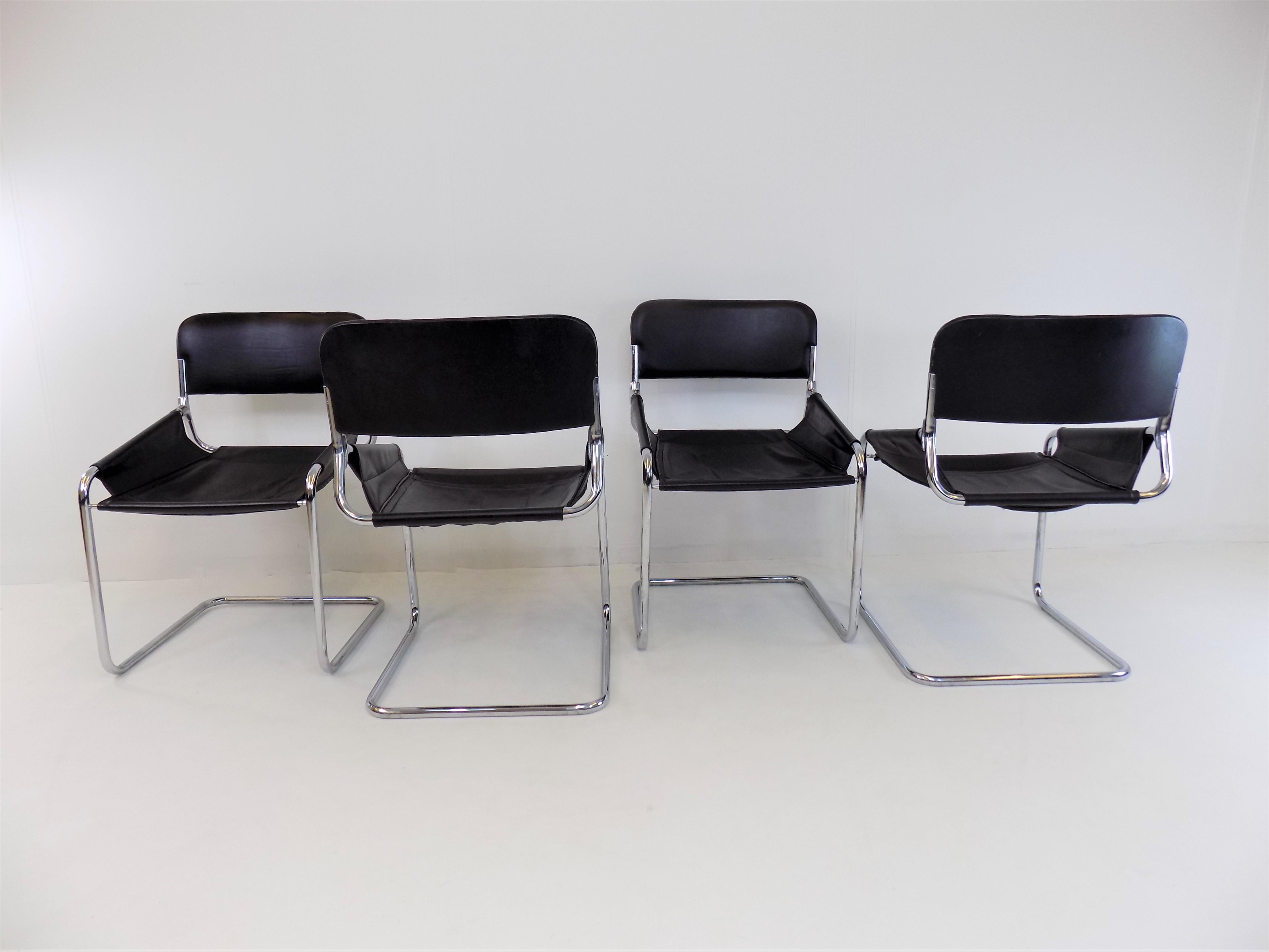 Mid-Century Modern Set of 4 Italian Leather Cantilever Dining/Office Chairs, Italy, 1970s