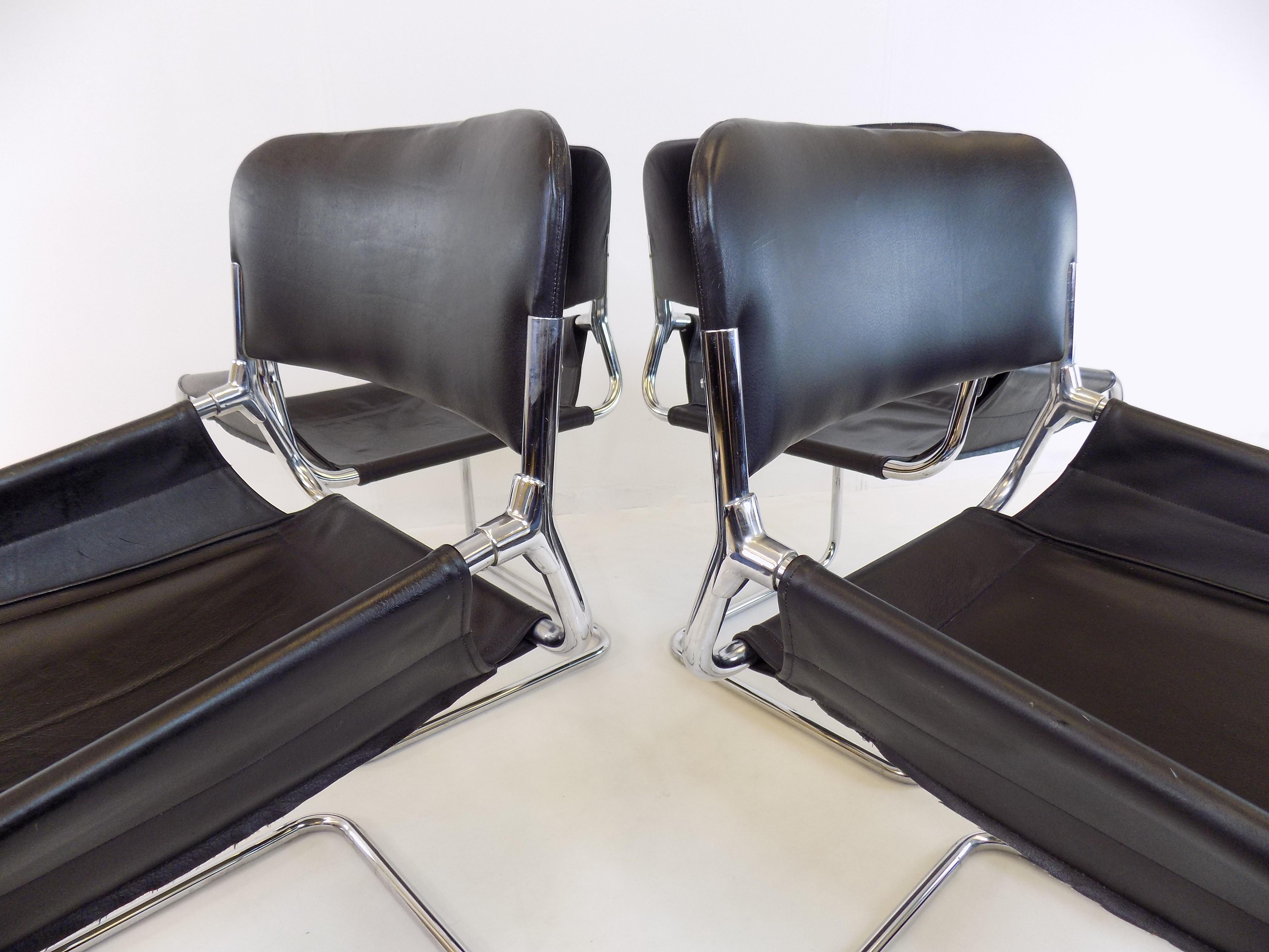 Late 20th Century Set of 4 Italian Leather Cantilever Dining/Office Chairs, Italy, 1970s