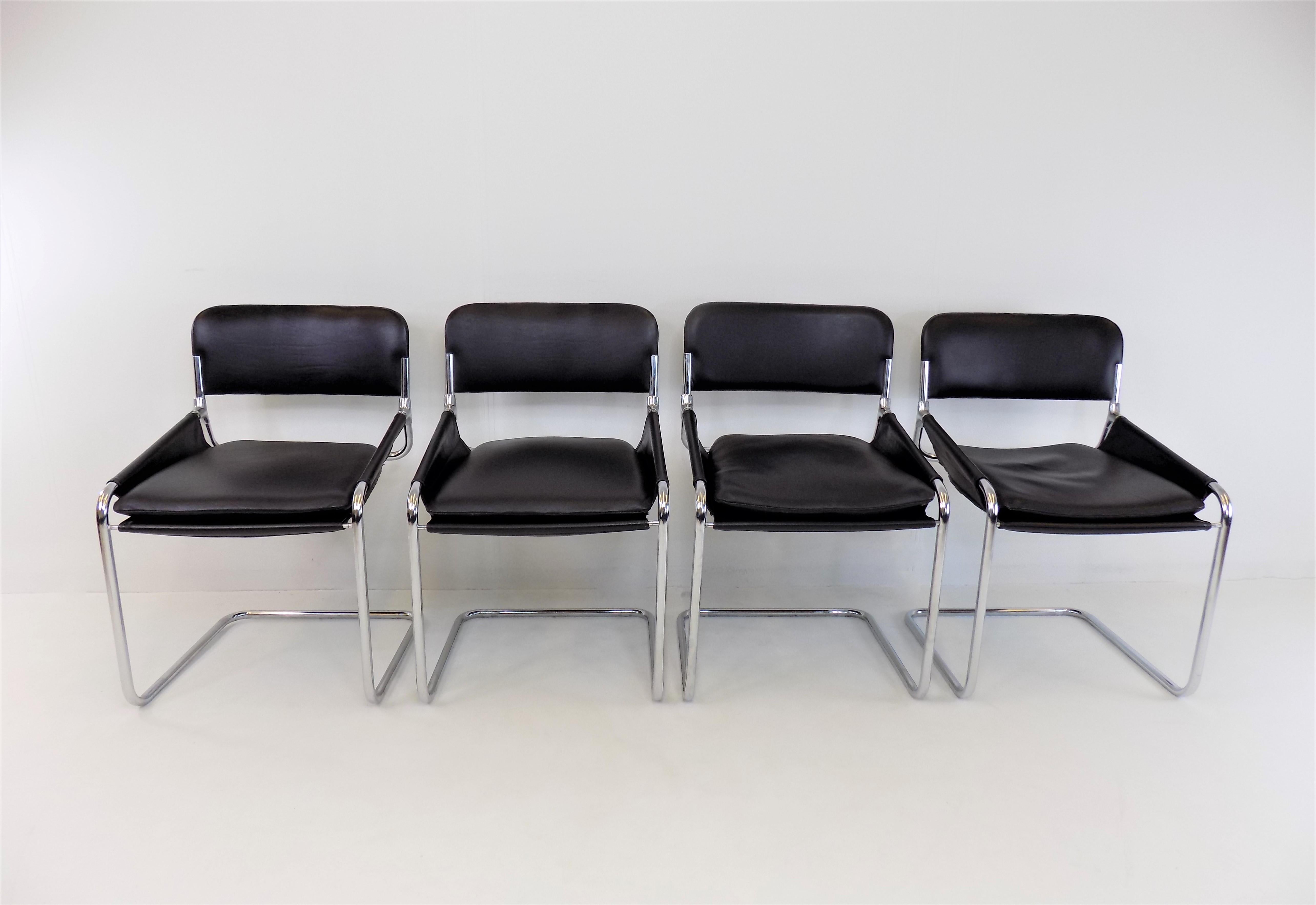 Set of 4 Italian Leather Cantilever Dining/Office Chairs, Italy, 1970s 1