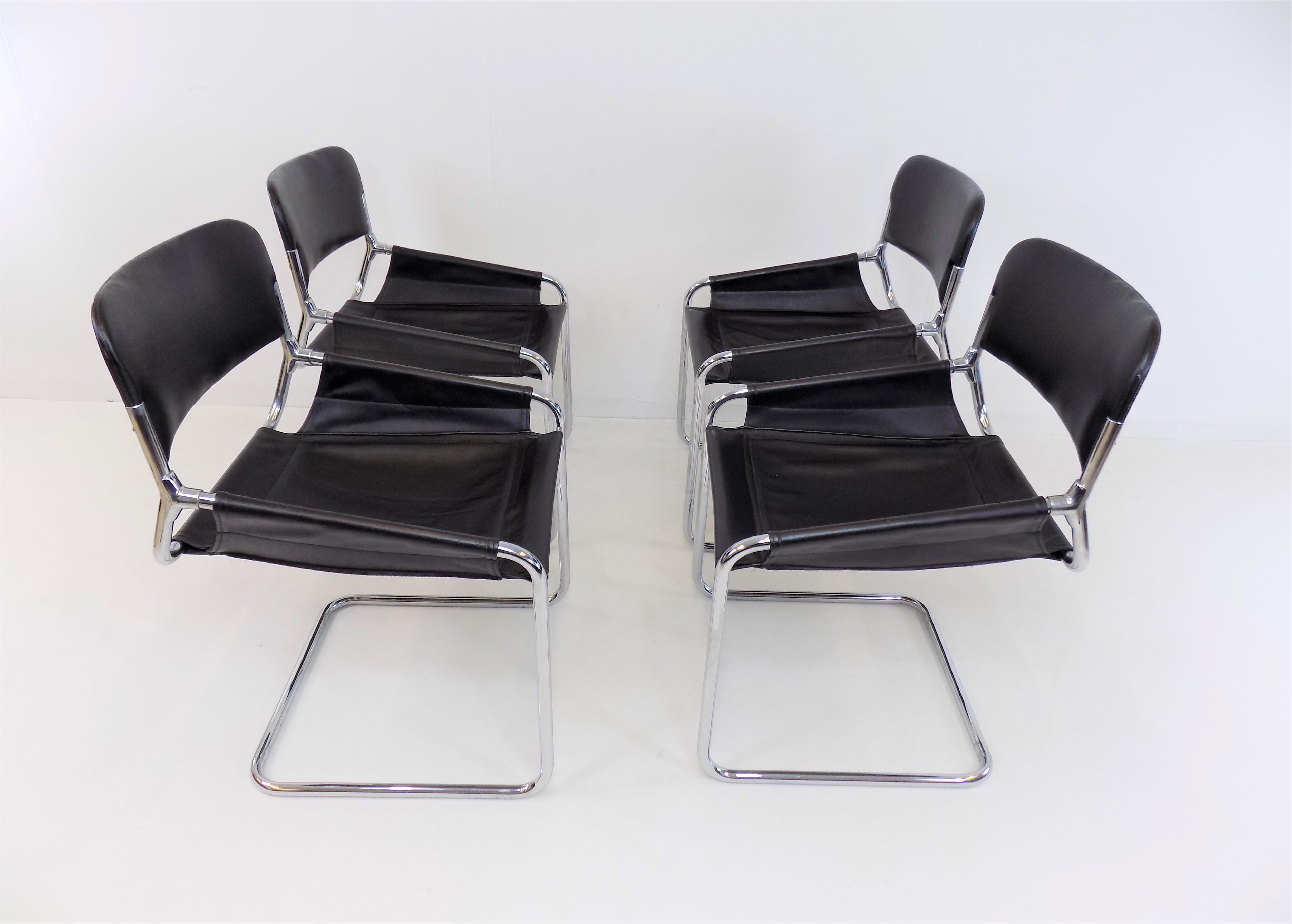 Set of 4 Italian Leather Cantilever Dining/Office Chairs, Italy, 1970s 2