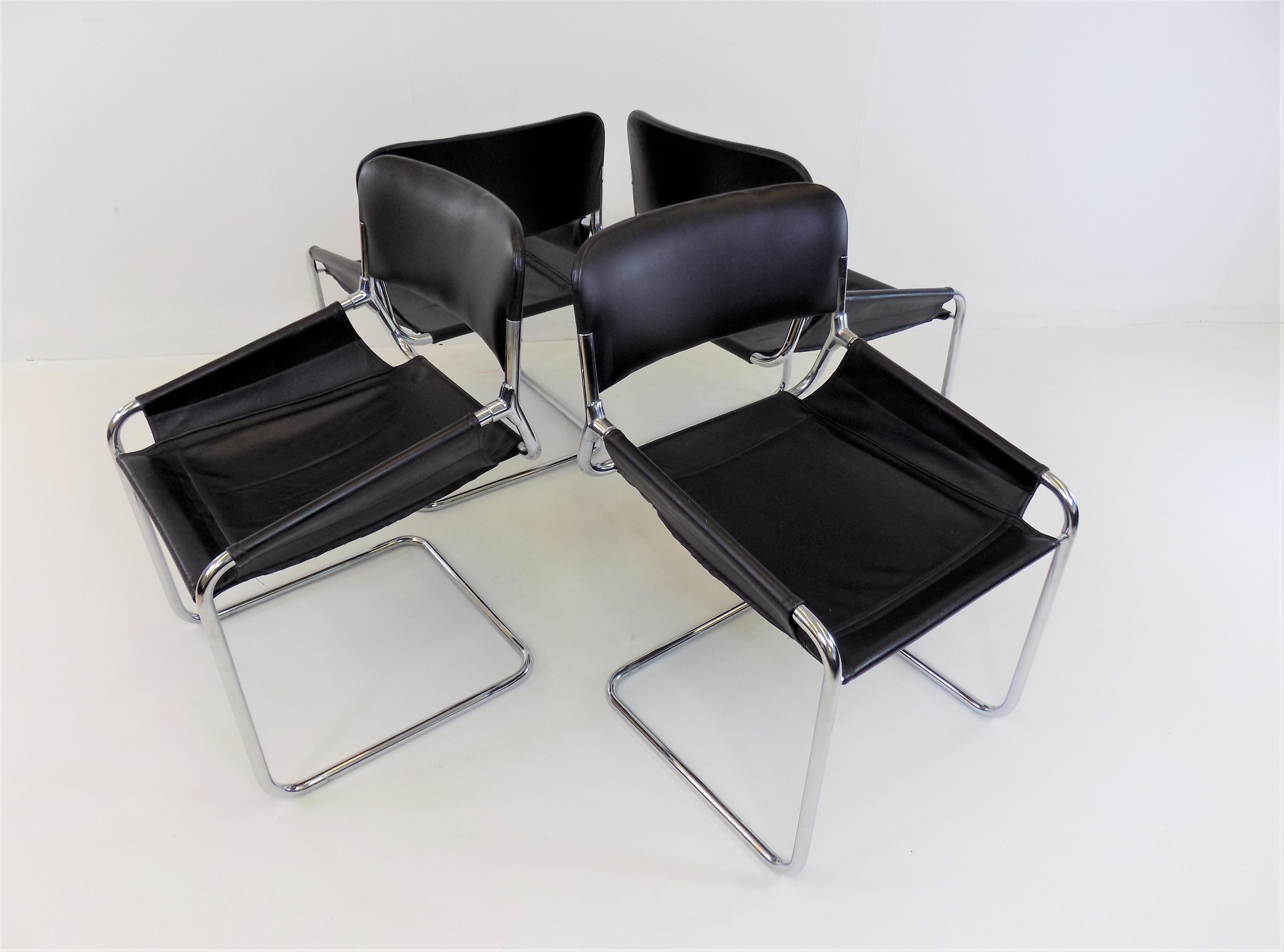 Set of 4 Italian Leather Cantilever Dining/Office Chairs, Italy, 1970s 4