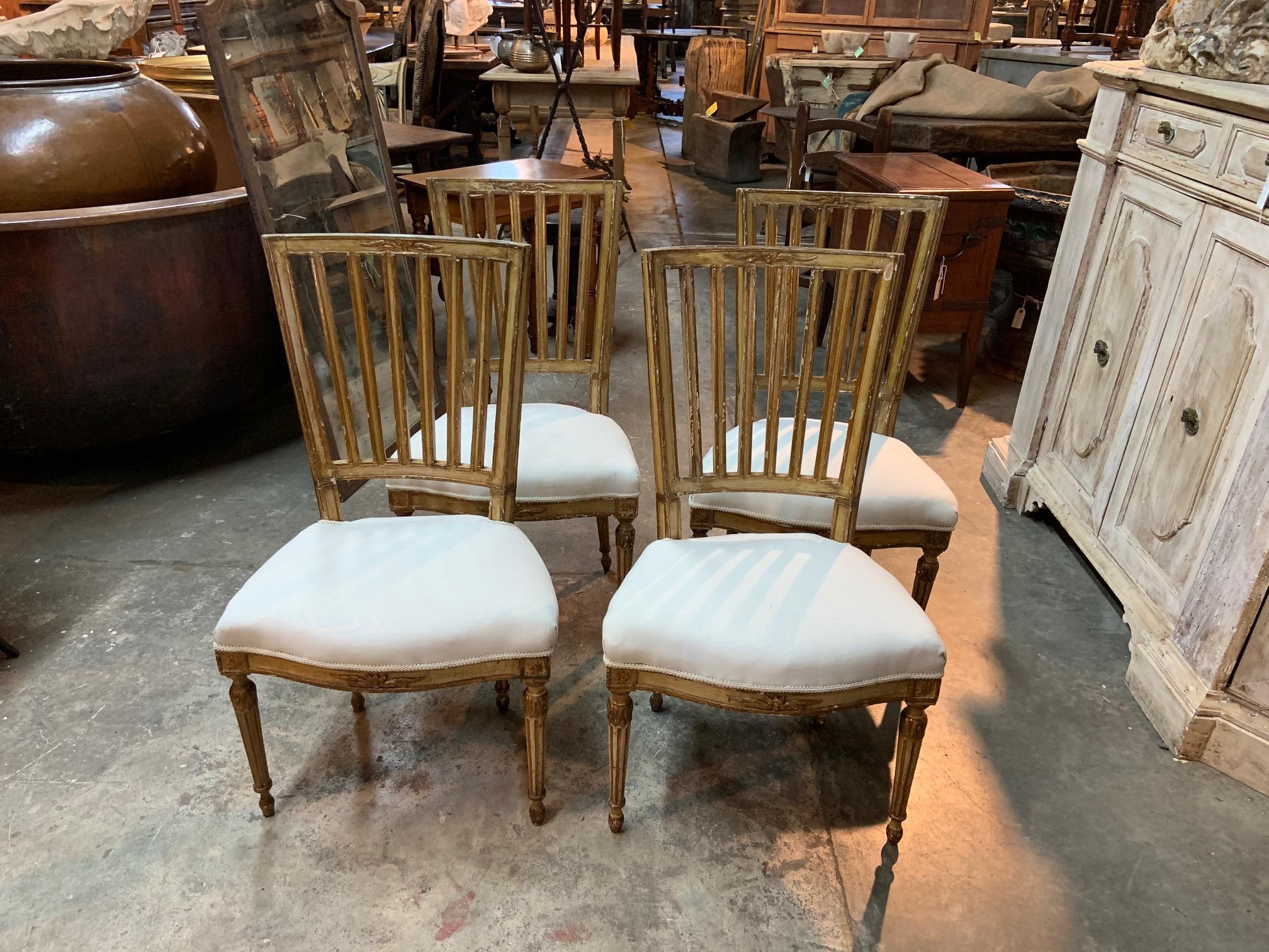 Gilt Set of 4 Italian Louis XVI Period Side Chairs For Sale