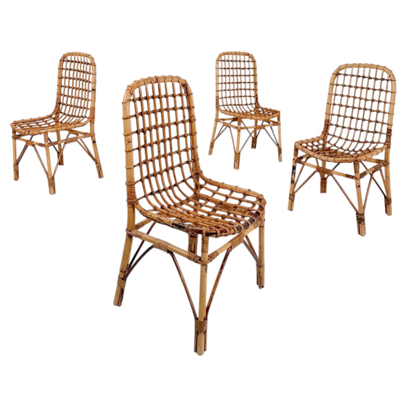 Set of 4 Italian Mid-Century Modern Bamboo, Cane and Rattan Dining Chairs, 1960s