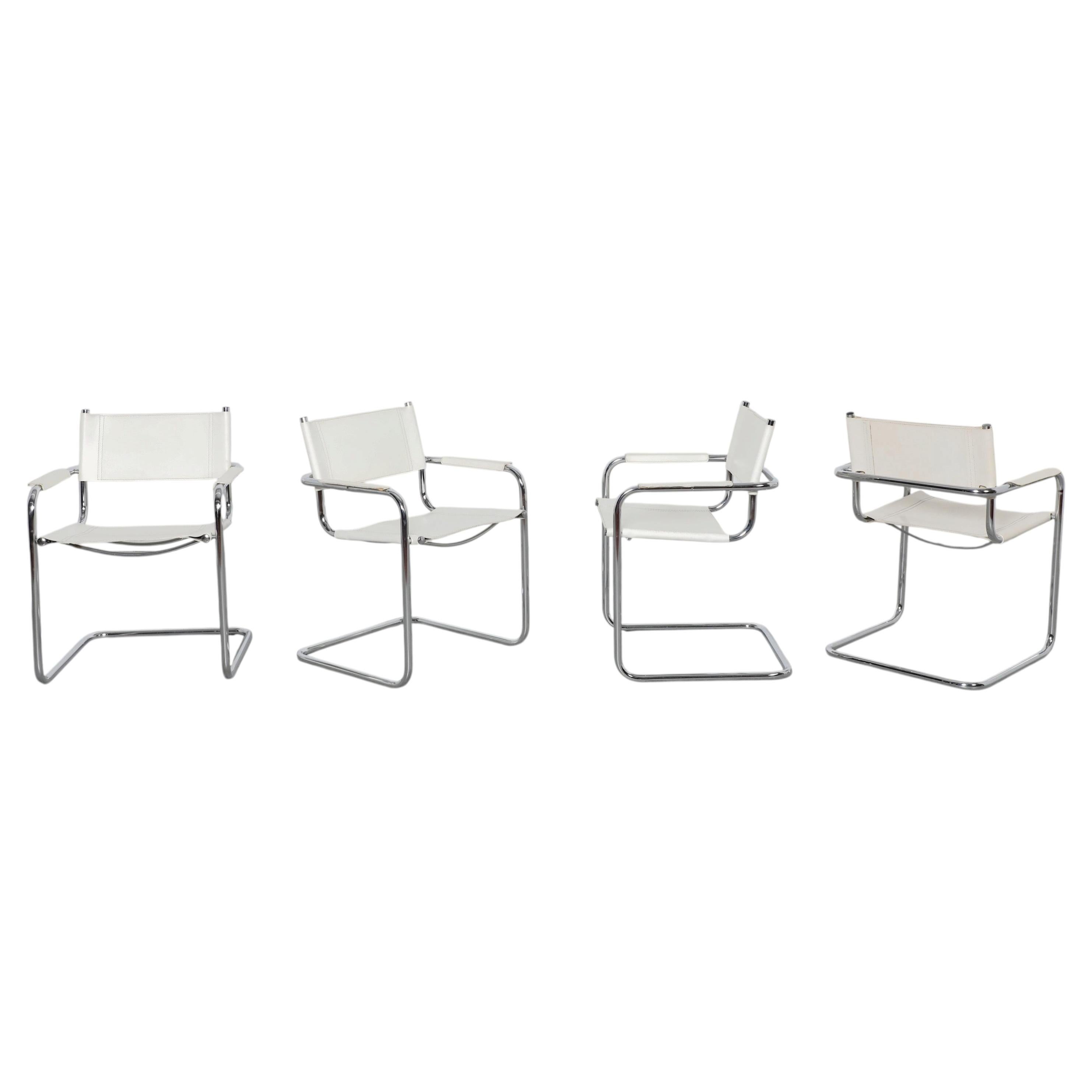Set of 4 Italian Mid-Century White Leather Cantilever Armchairs