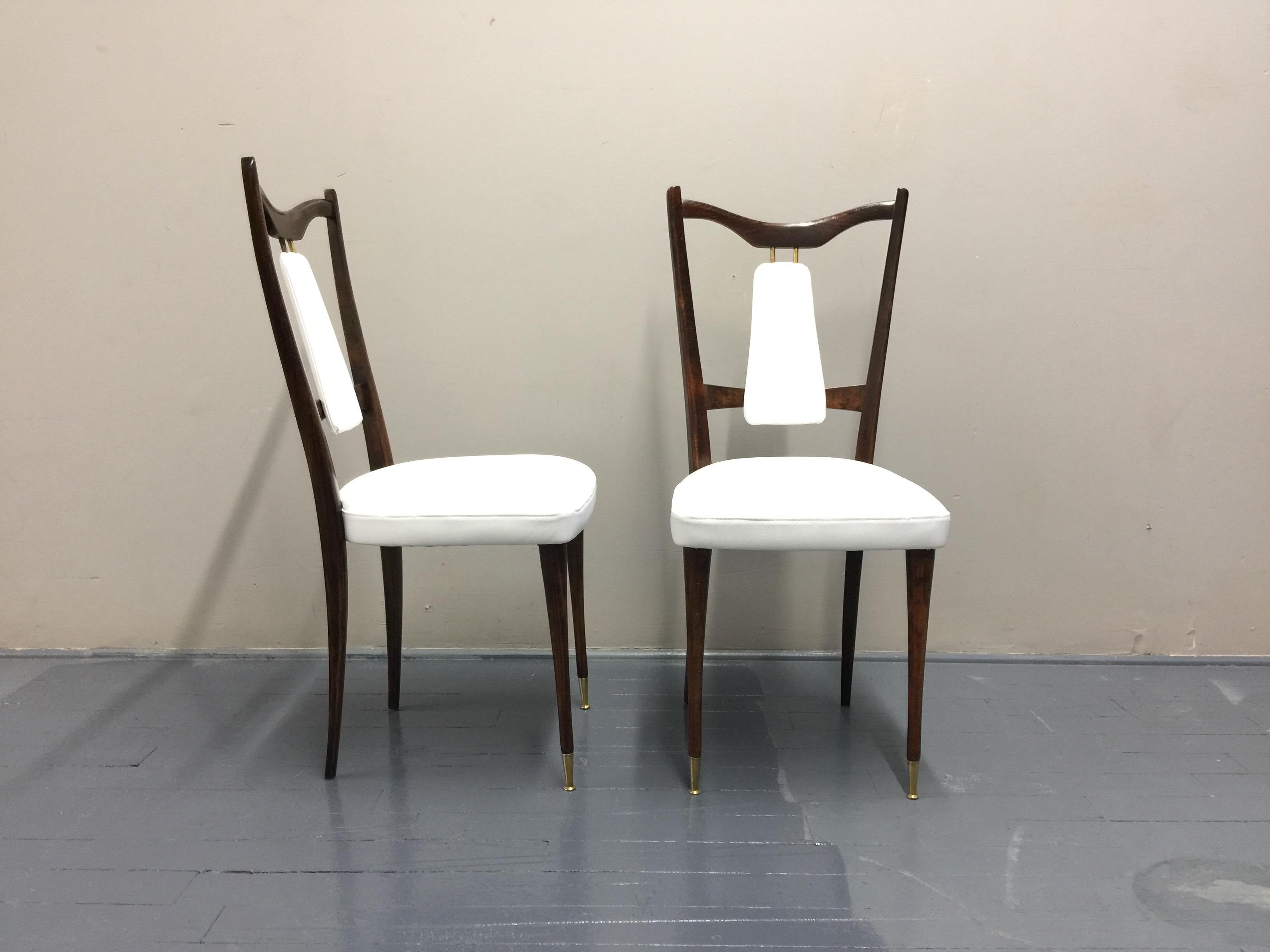 Mid-Century Modern Set of 4 Italian Midcentury Dining Chairs White Leather For Sale