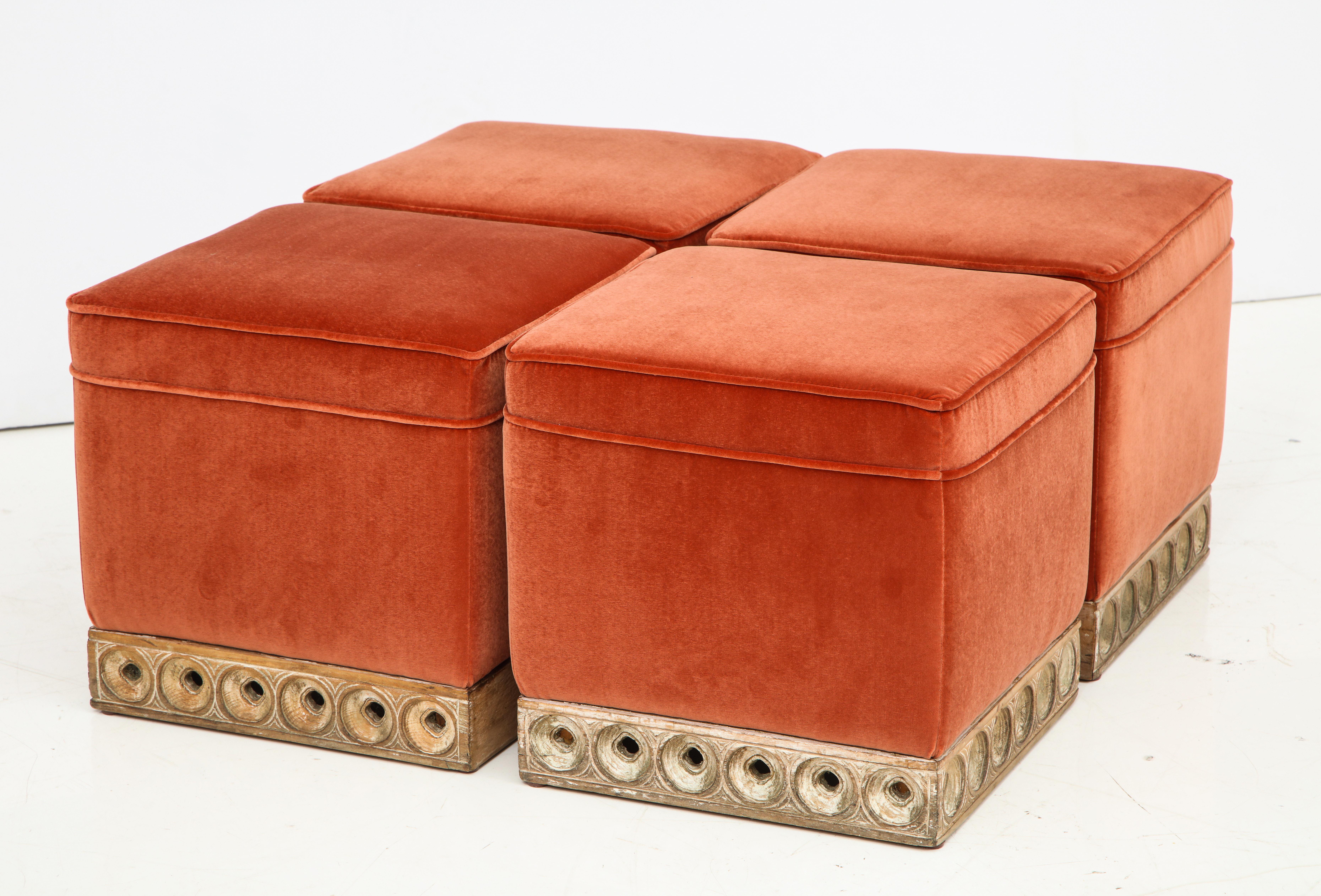 Mid-Century Modern Set of 4 Orange Velvet Poufs or Stools with Wooden Carved Bases, Italy, 1970s