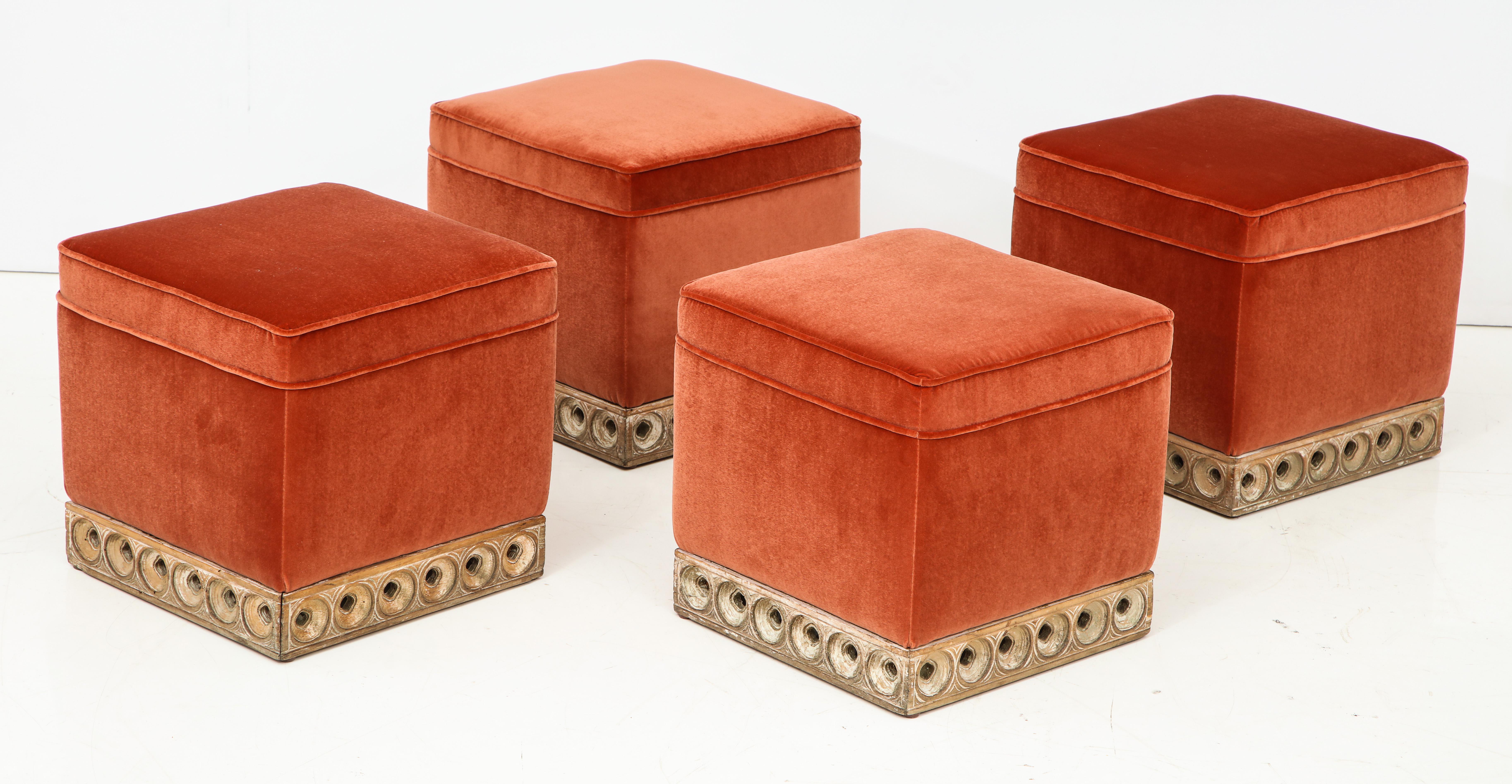 Set of 4 Orange Velvet Poufs or Stools with Wooden Carved Bases, Italy, 1970s In Good Condition In New York, NY