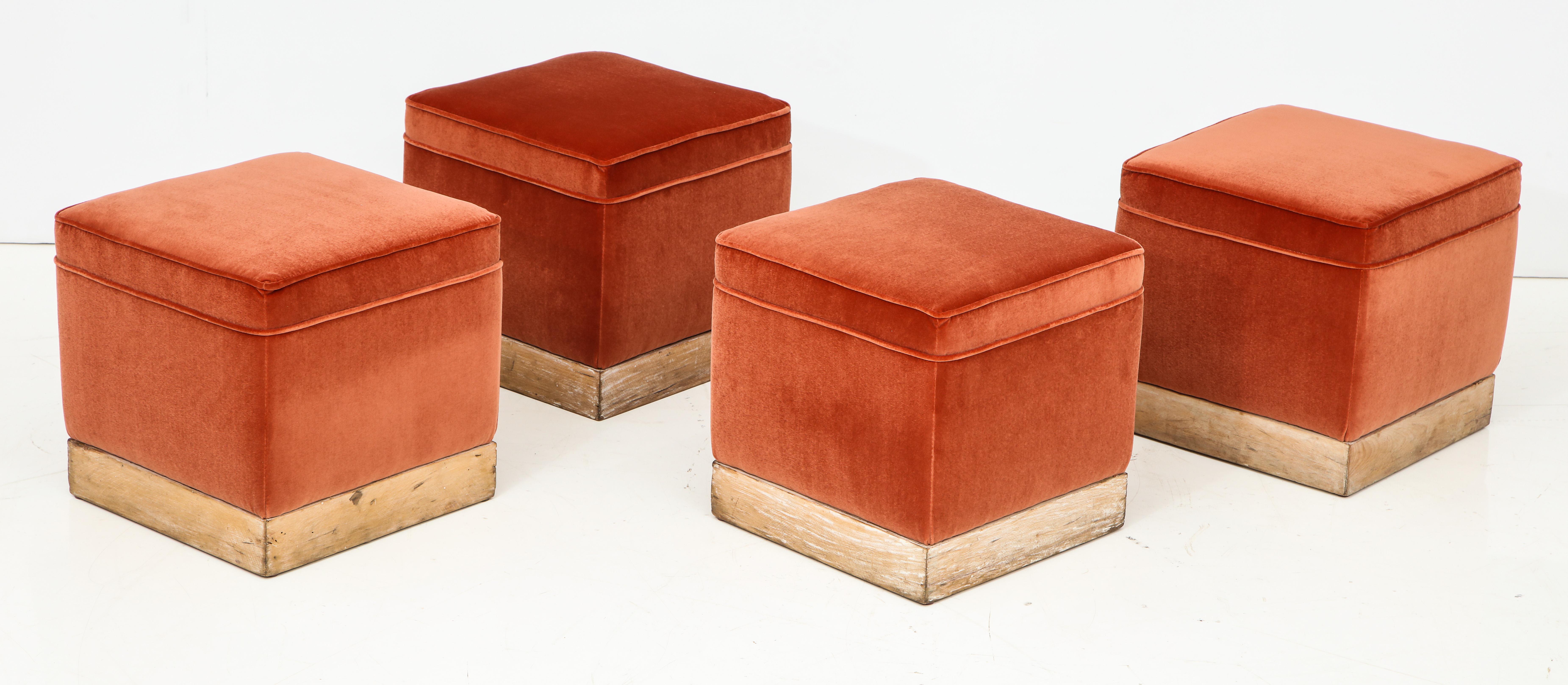 Set of 4 Orange Velvet Poufs or Stools with Wooden Carved Bases, Italy, 1970s 1