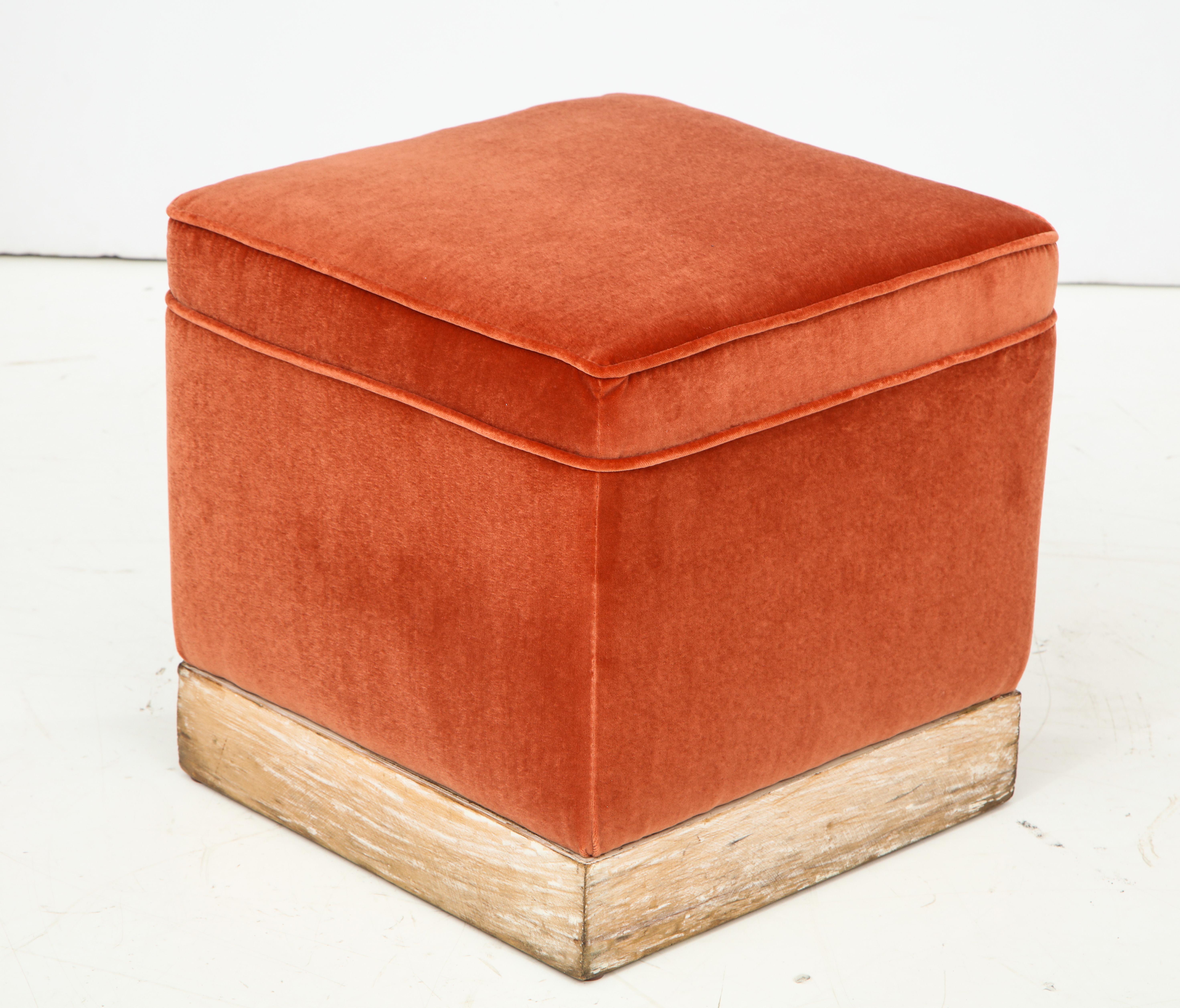 Set of 4 Orange Velvet Poufs or Stools with Wooden Carved Bases, Italy, 1970s 1