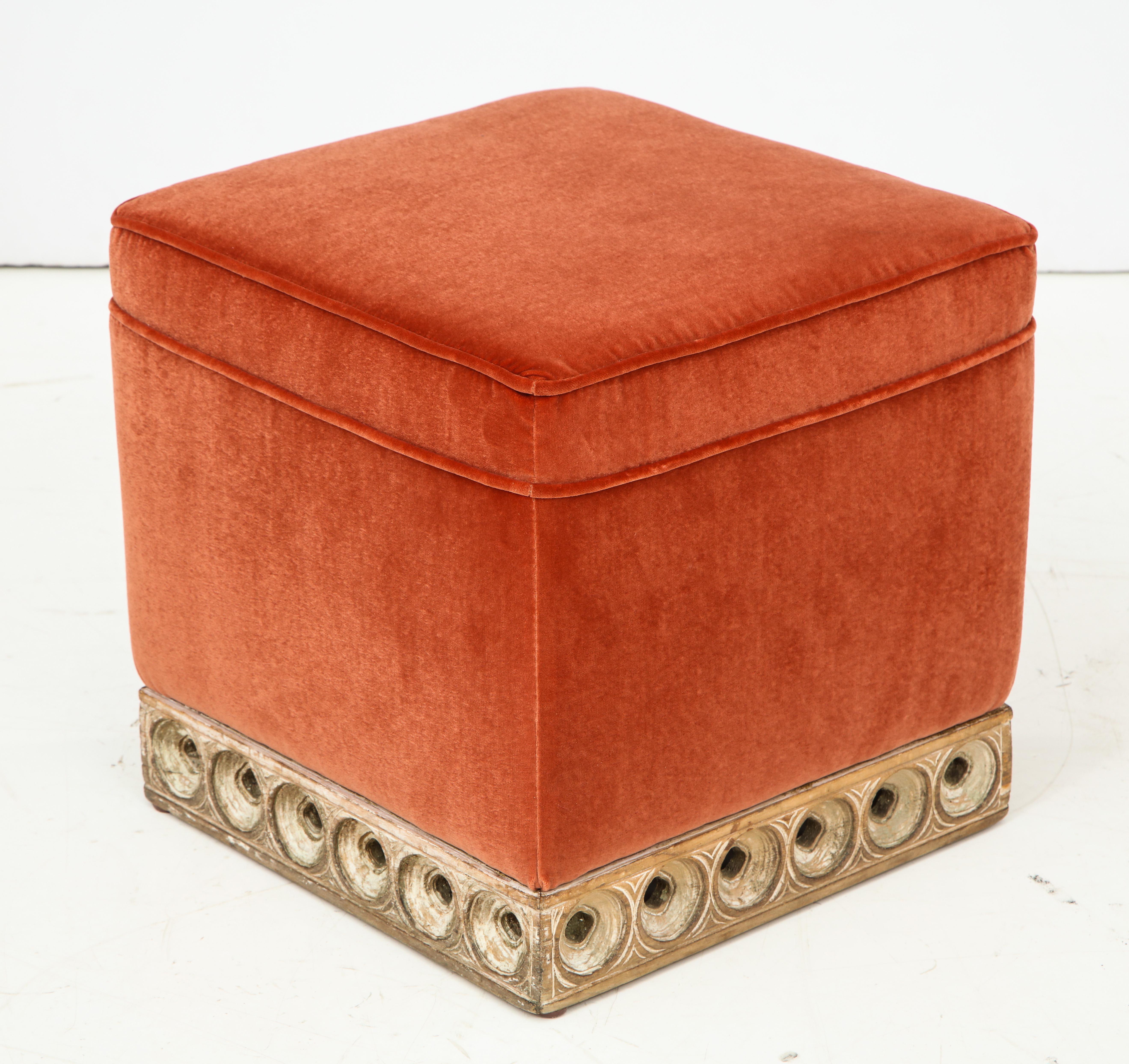Set of 4 Orange Velvet Poufs or Stools with Wooden Carved Bases, Italy, 1970s 3