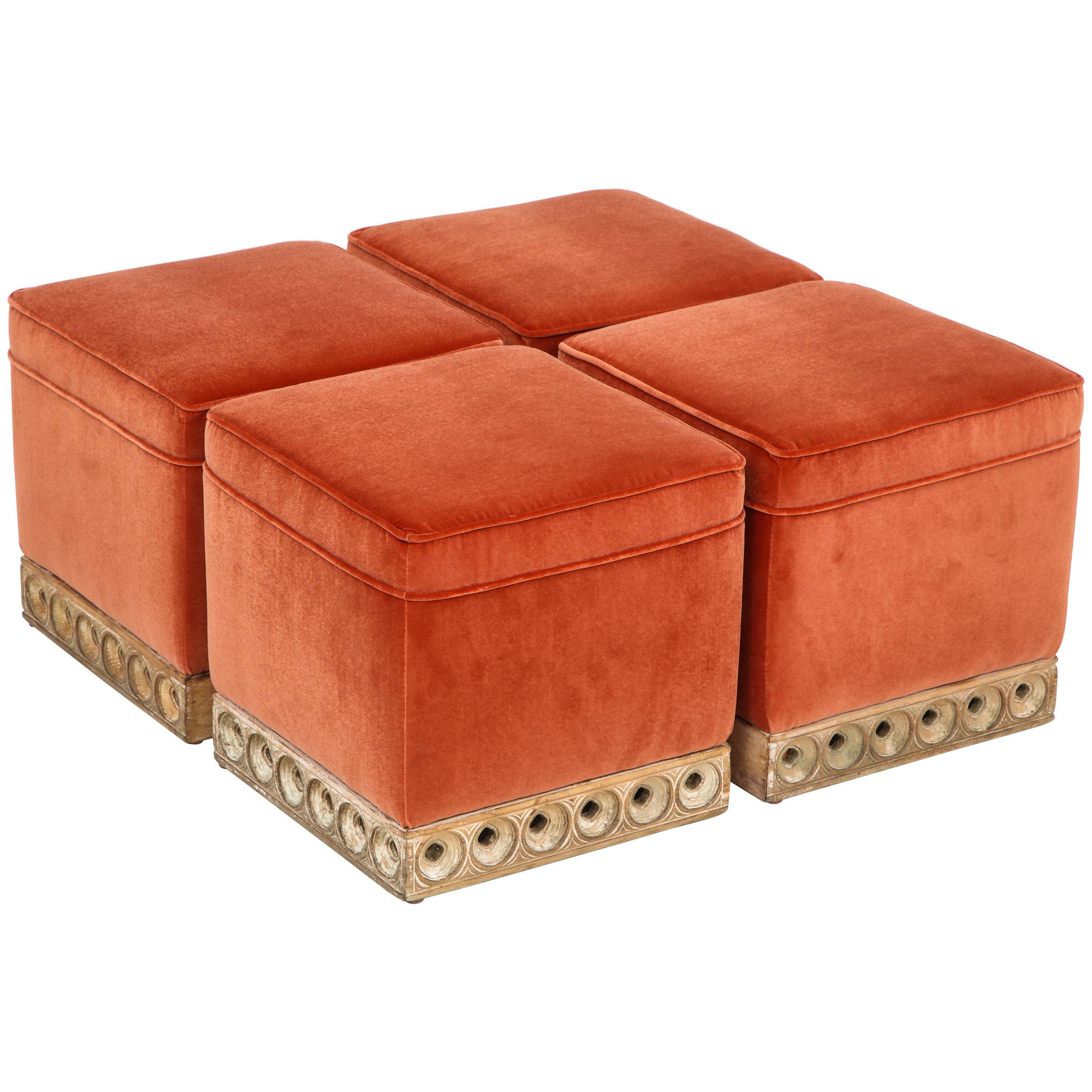 Set of 4 Orange Velvet Poufs or Stools with Wooden Carved Bases, Italy, 1970s