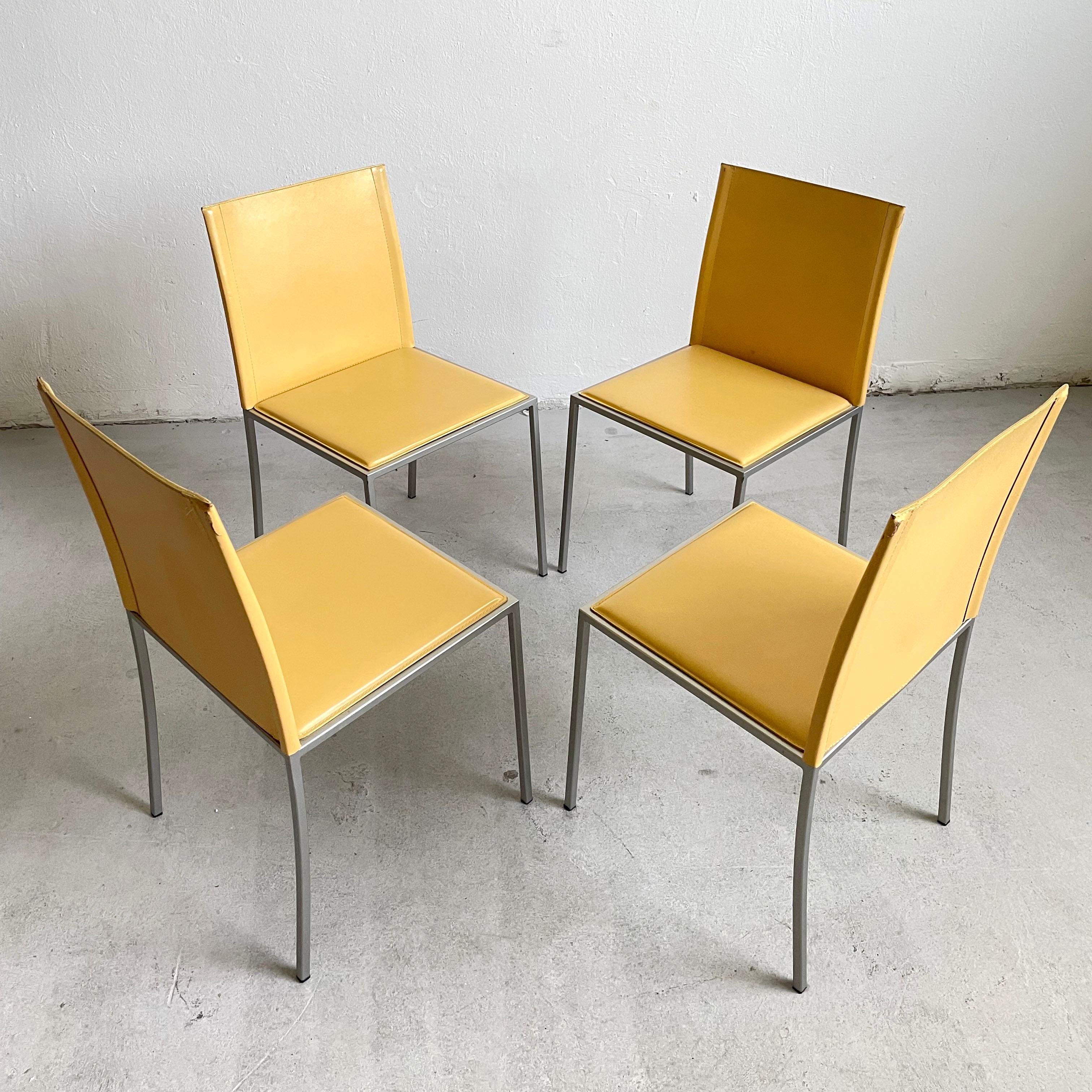 Powder-Coated Set of 4 Italian Minimalist Modernist Leather Chairs by Calligaris, Italy 1990s For Sale