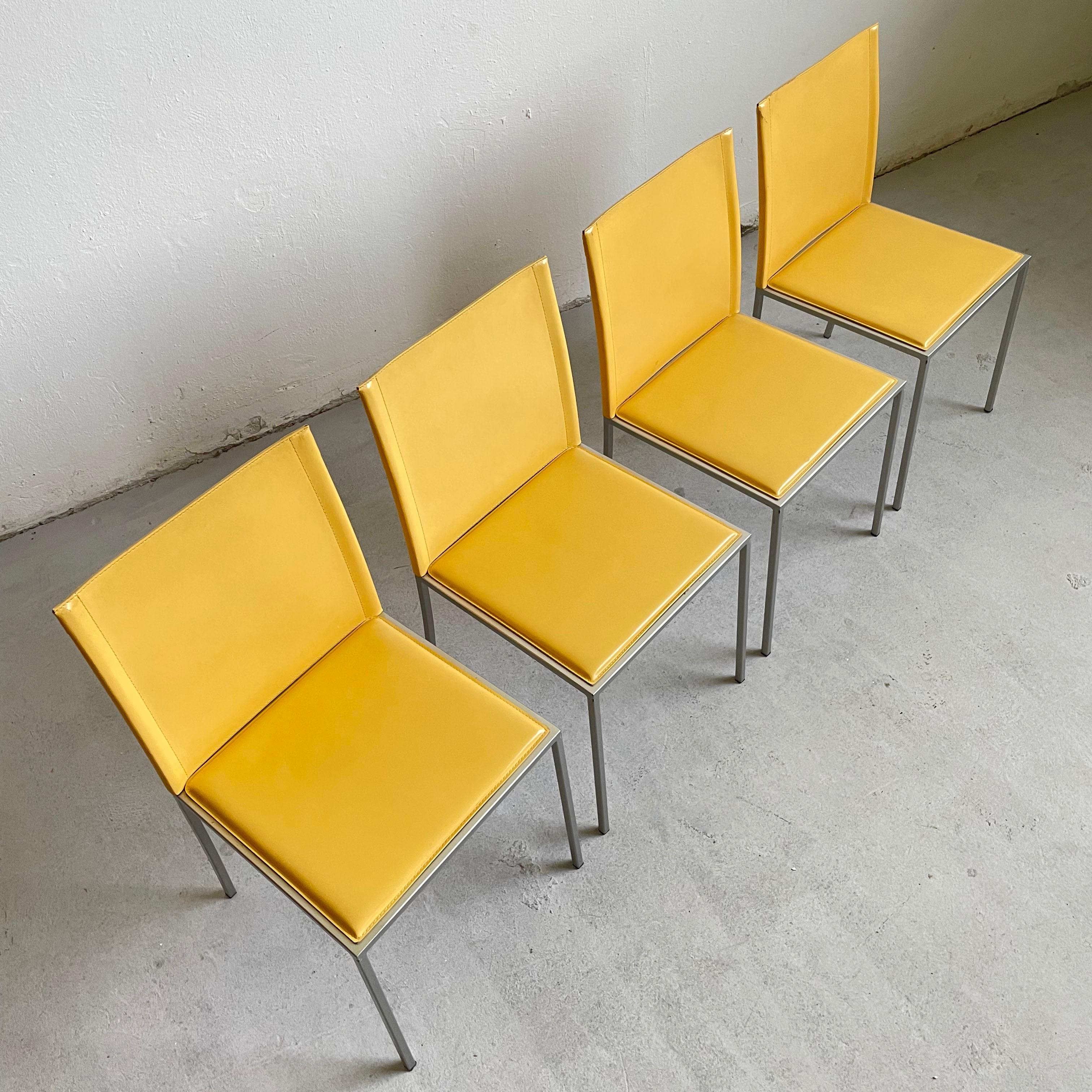 Metal Set of 4 Italian Minimalist Modernist Leather Chairs by Calligaris, Italy 1990s For Sale