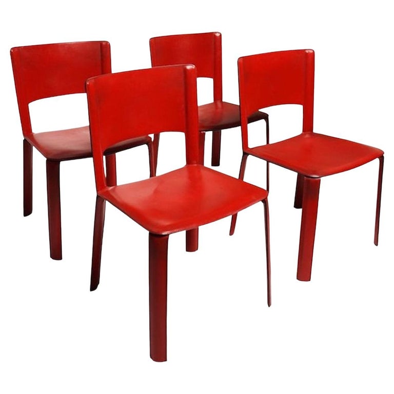 Set of 4 Italian Modern Red Leather Dining Chairs at 1stDibs