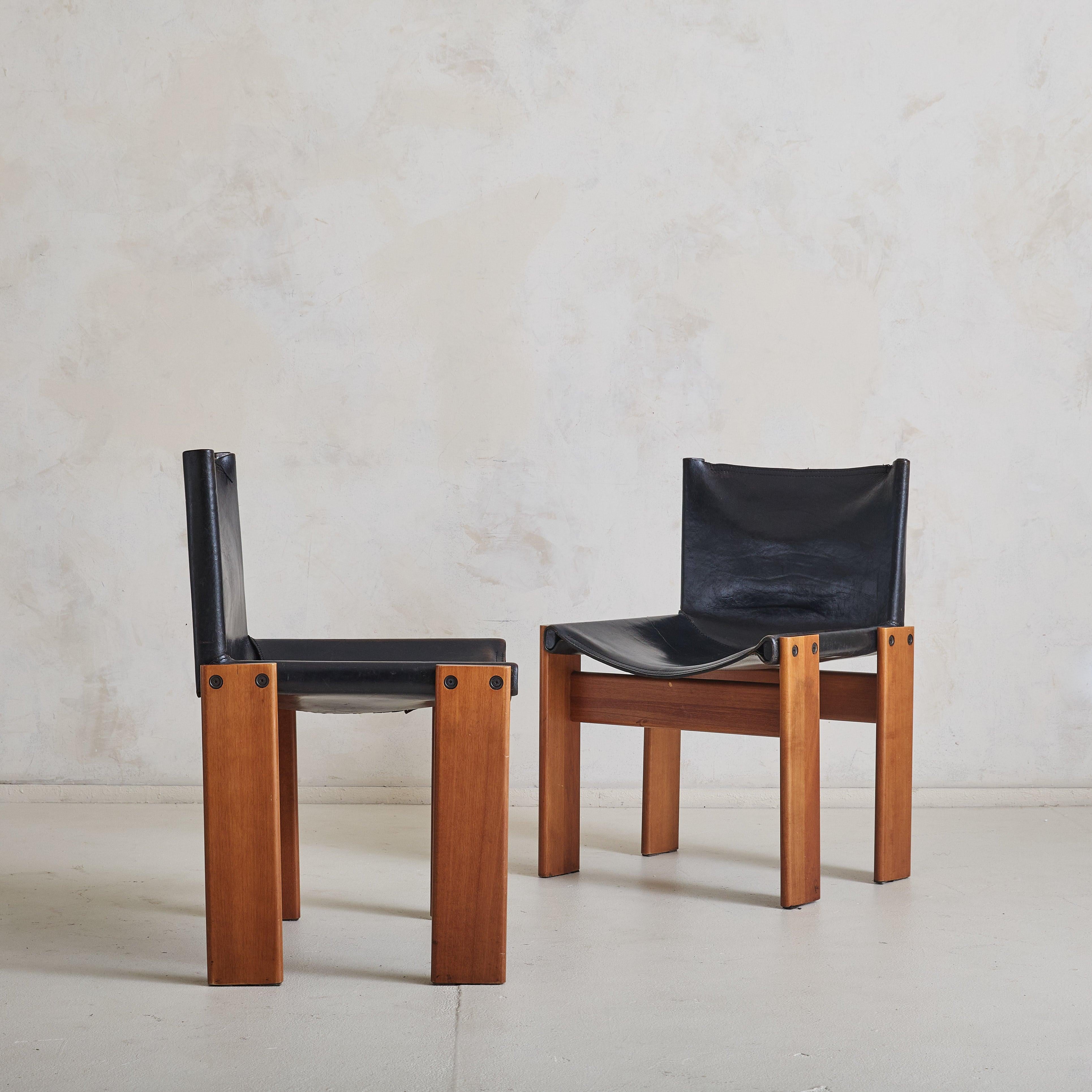 Mid-Century Modern Set of 4 Italian 'Monk' Chairs in Black Leather by Afra & Tobia Scarpa, 1974 For Sale