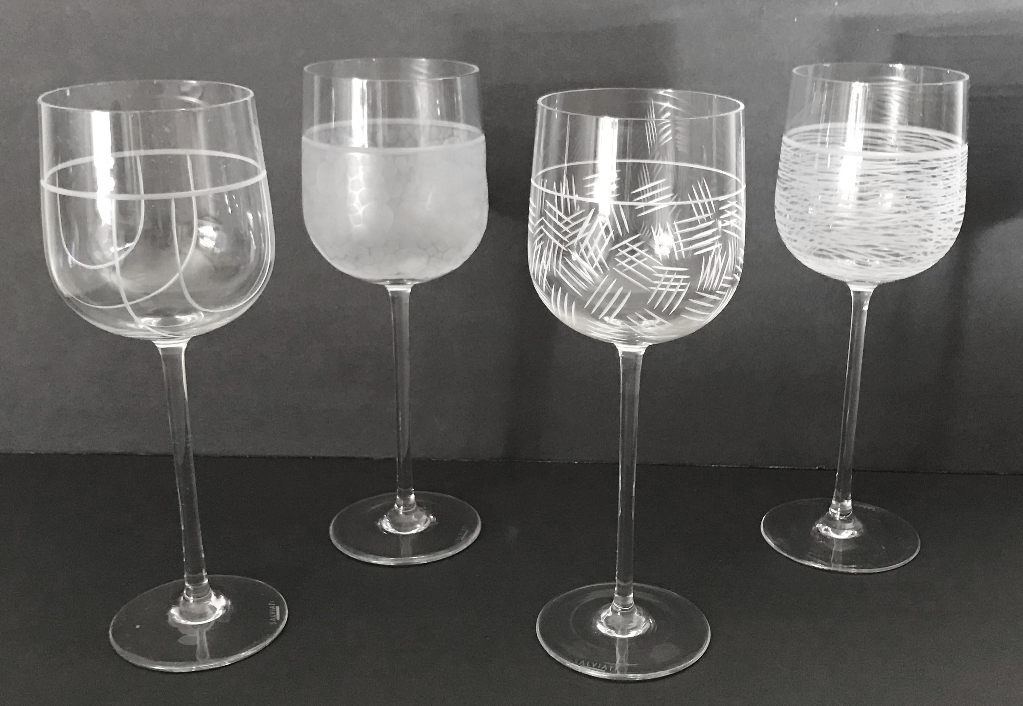 Set of 4 wine glasses by Salviati, in unique hand made patterns with original 