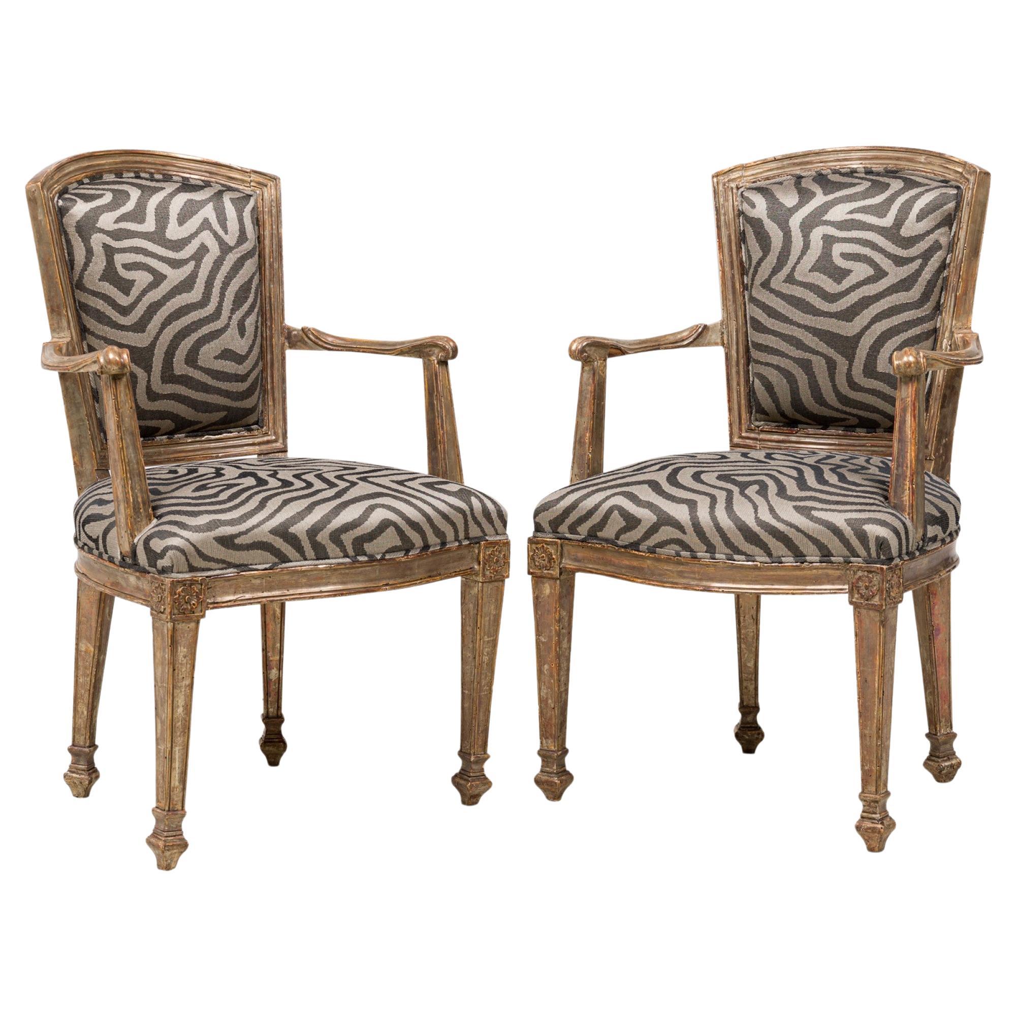 Set of 4 Italian Neoclassic Piedmontese Silver Giltwood Upholstered Armchairs For Sale