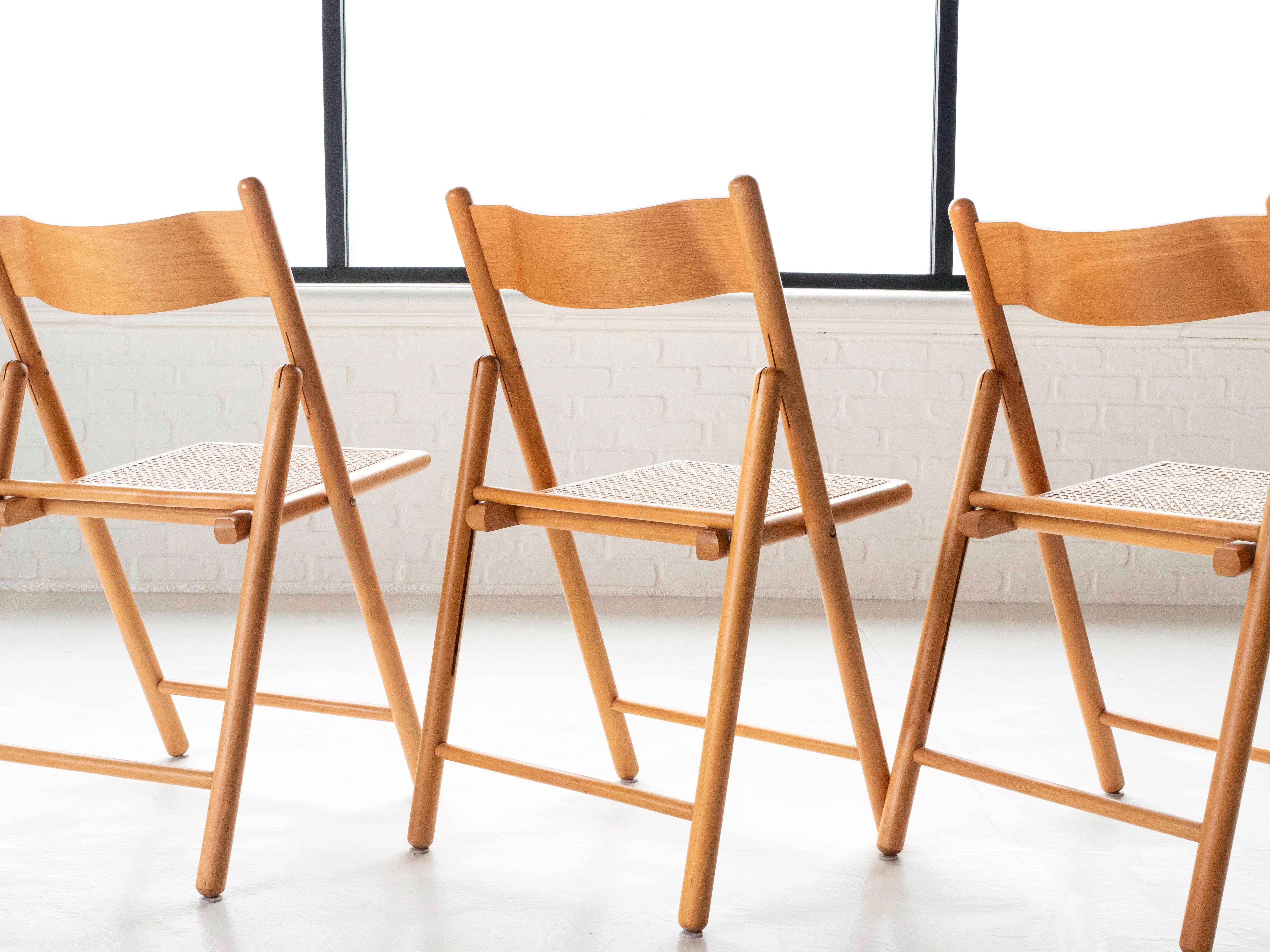 Post-Modern Set of 4 Italian Oak & Beech Cane Seat Folding Dining Chairs, 1970's