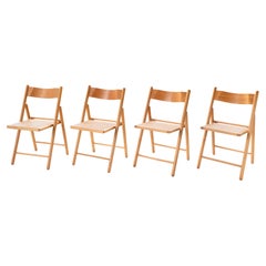 Set of 4 Italian Oak & Beech Cane Seat Folding Dining Chairs, 1970's