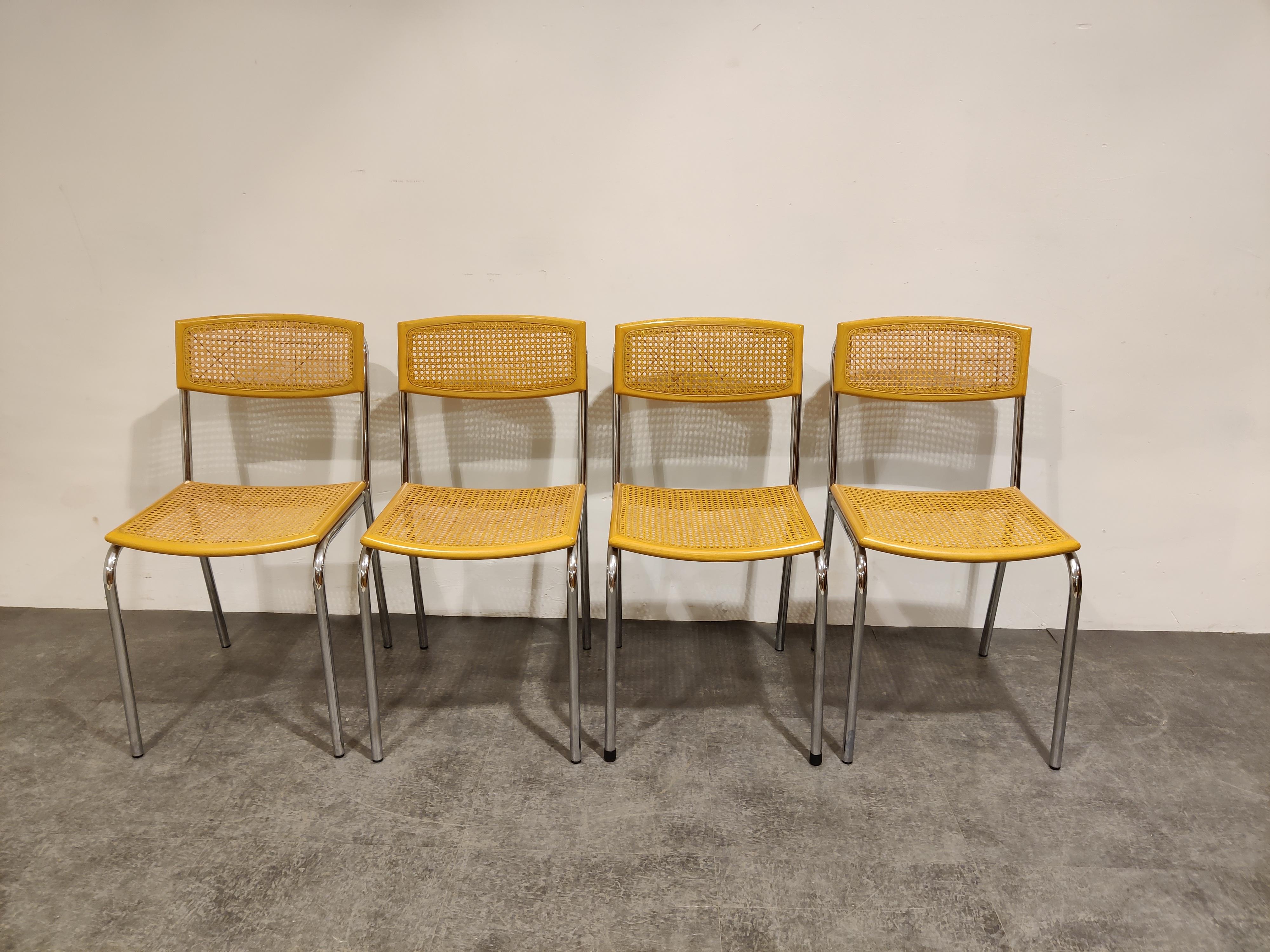 Mid-Century Modern Set of 4 Italian Rattan and Chrome Dining Chairs, 1970s