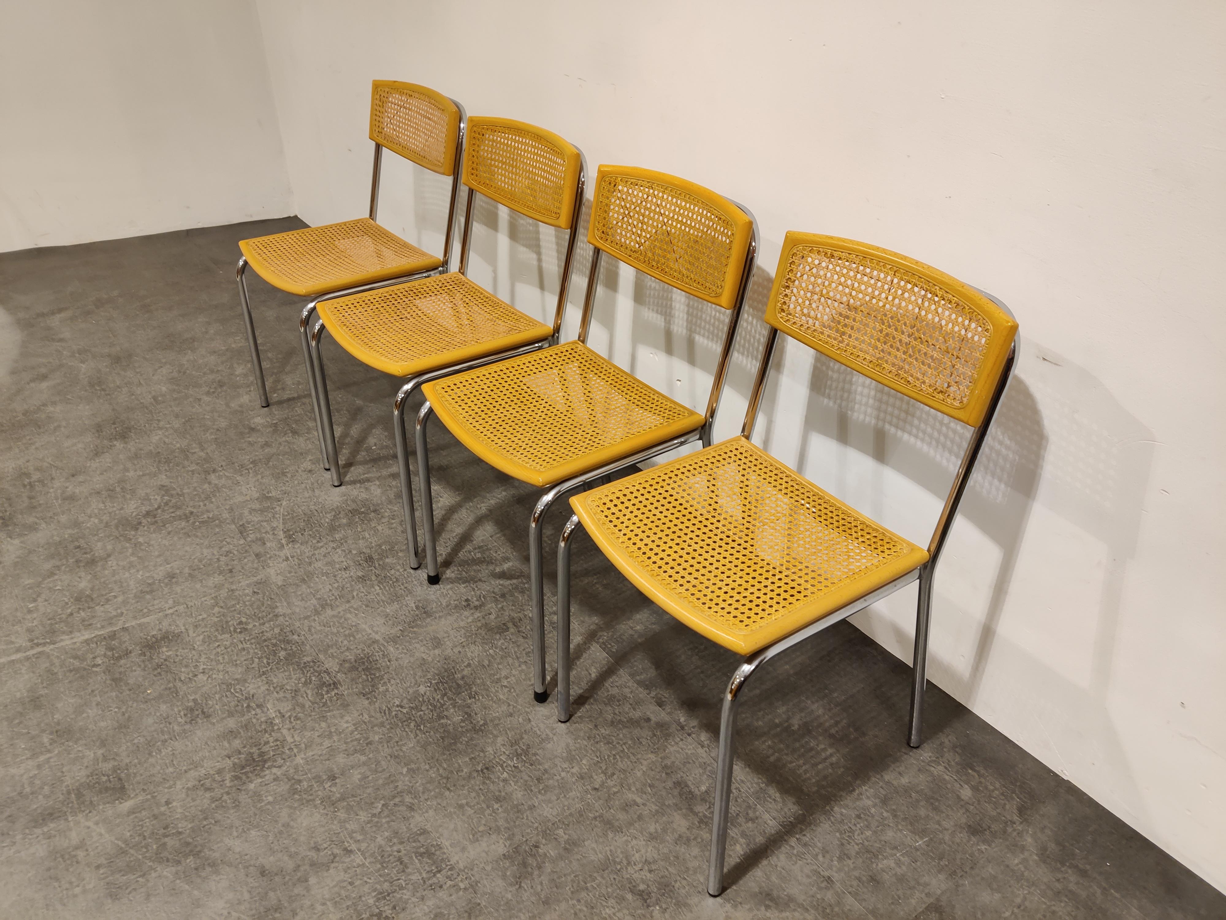 Late 20th Century Set of 4 Italian Rattan and Chrome Dining Chairs, 1970s