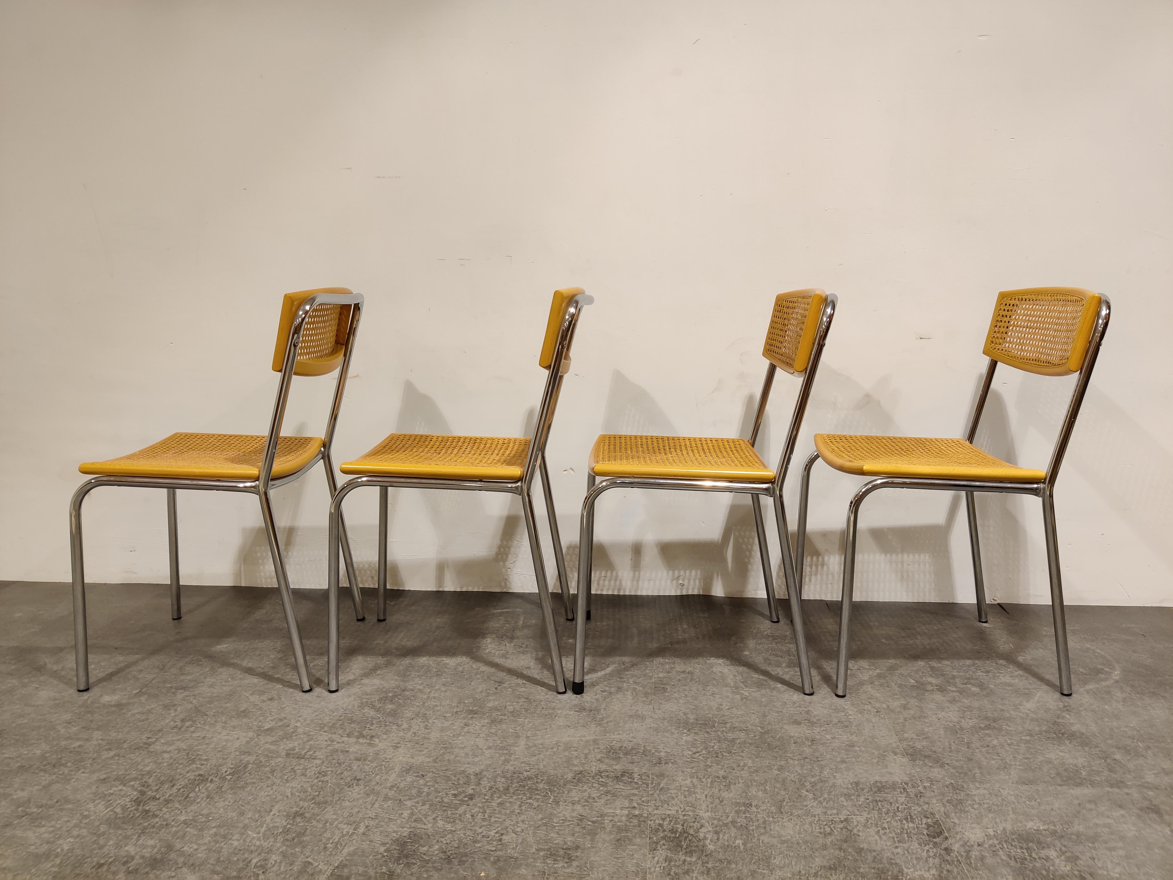 Set of 4 Italian Rattan and Chrome Dining Chairs, 1970s 1