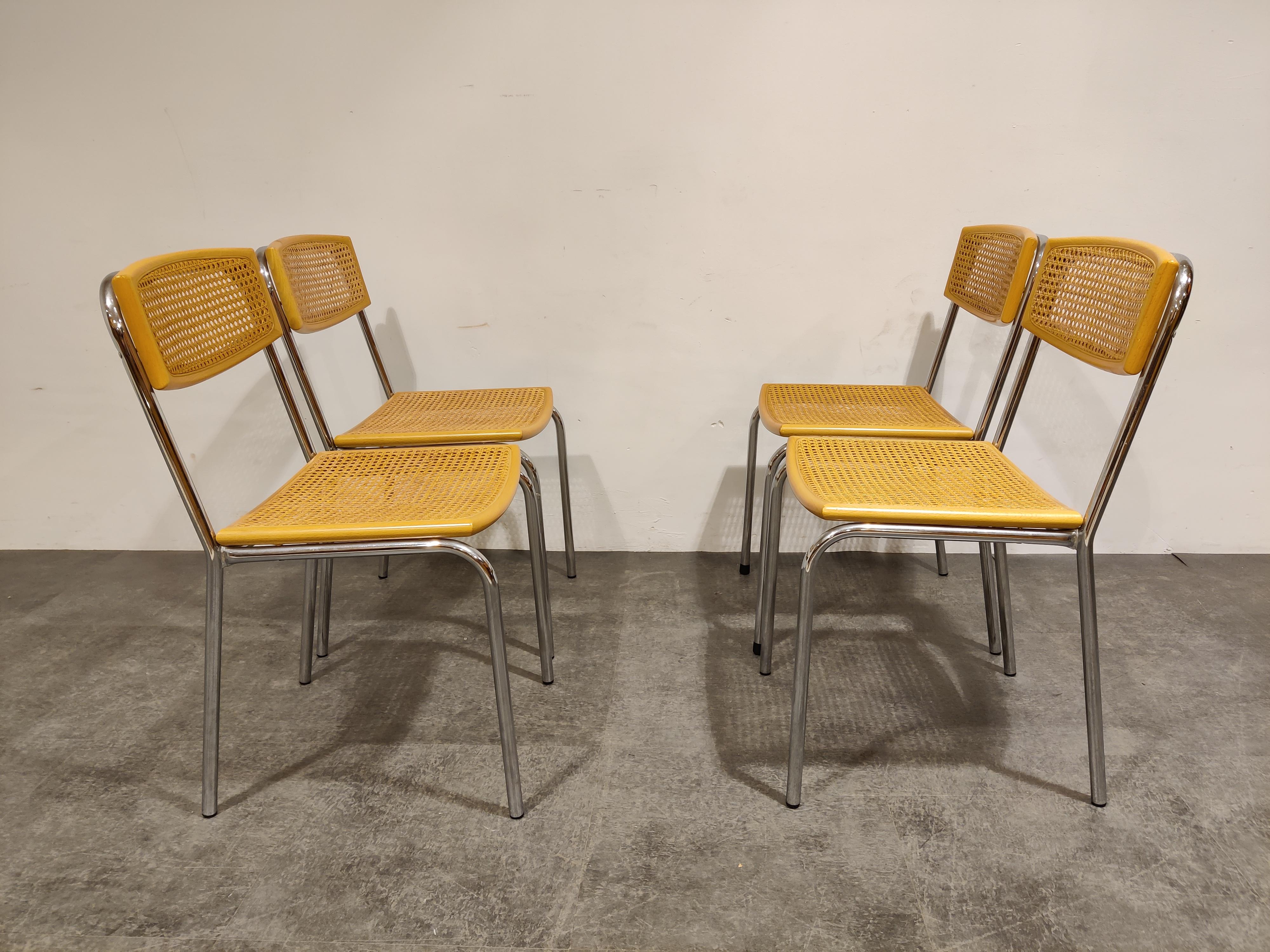 Set of 4 Italian Rattan and Chrome Dining Chairs, 1970s 4