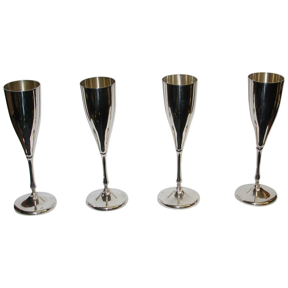 Set of 4 Italian Silver Champagne Flutes, Dated Circa 1960