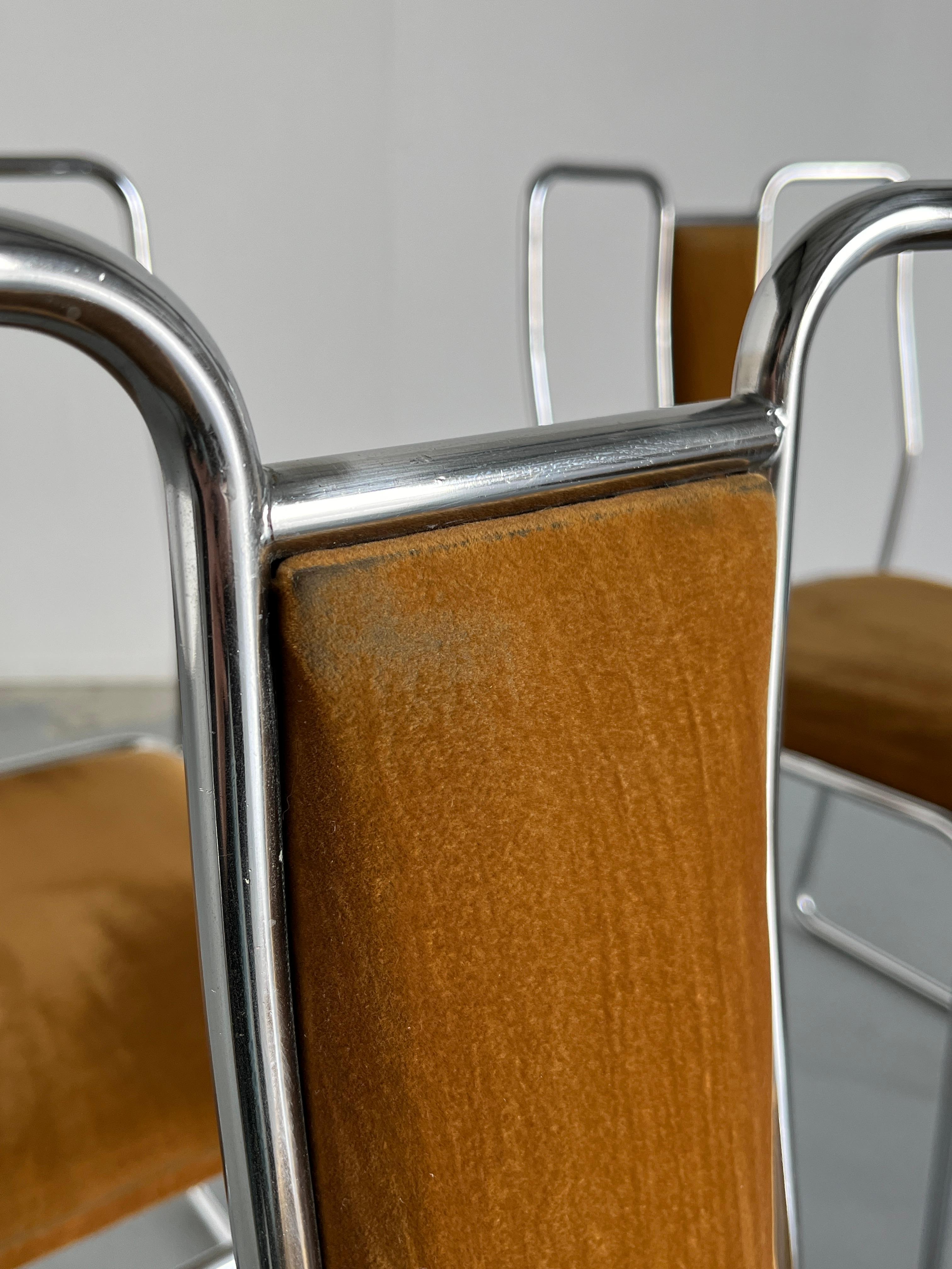 Set of 4 Italian Space Age Chromed Steel, Brown Velvet Dining Chairs, Italy 80s 10