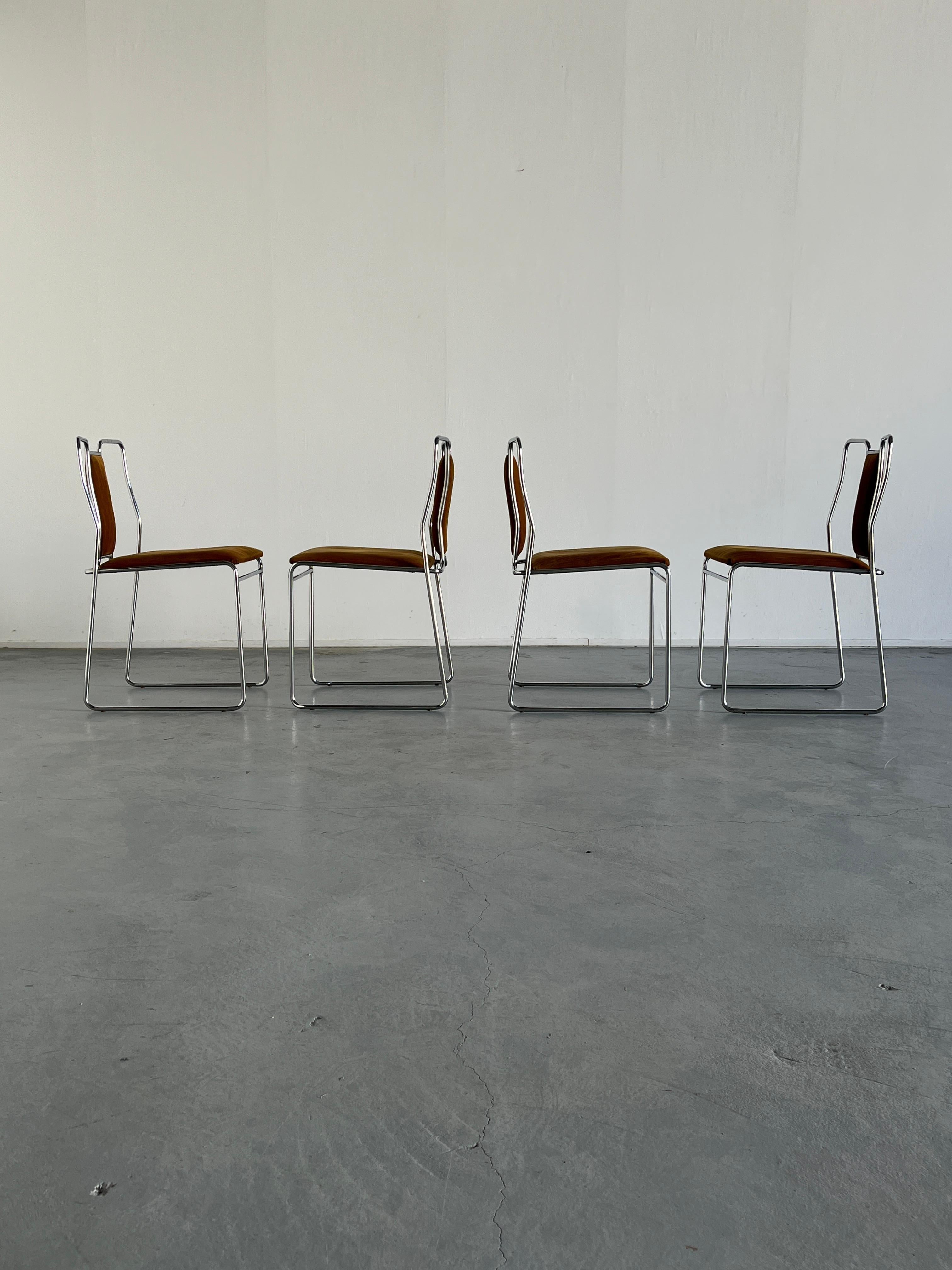 Set of 4 Italian Space Age Chromed Steel, Brown Velvet Dining Chairs, Italy 80s In Good Condition In Zagreb, HR