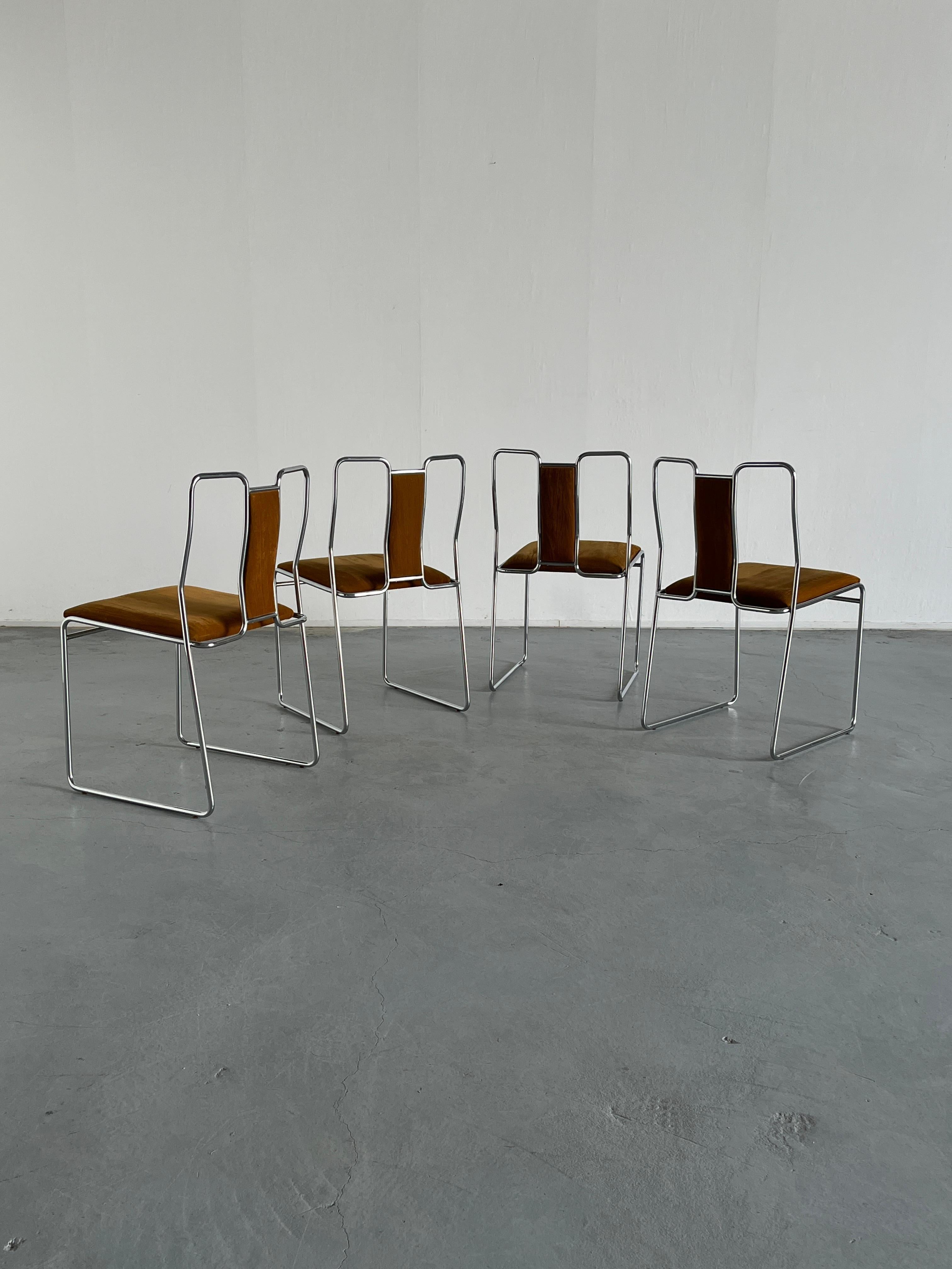Late 20th Century Set of 4 Italian Space Age Chromed Steel, Brown Velvet Dining Chairs, Italy 80s