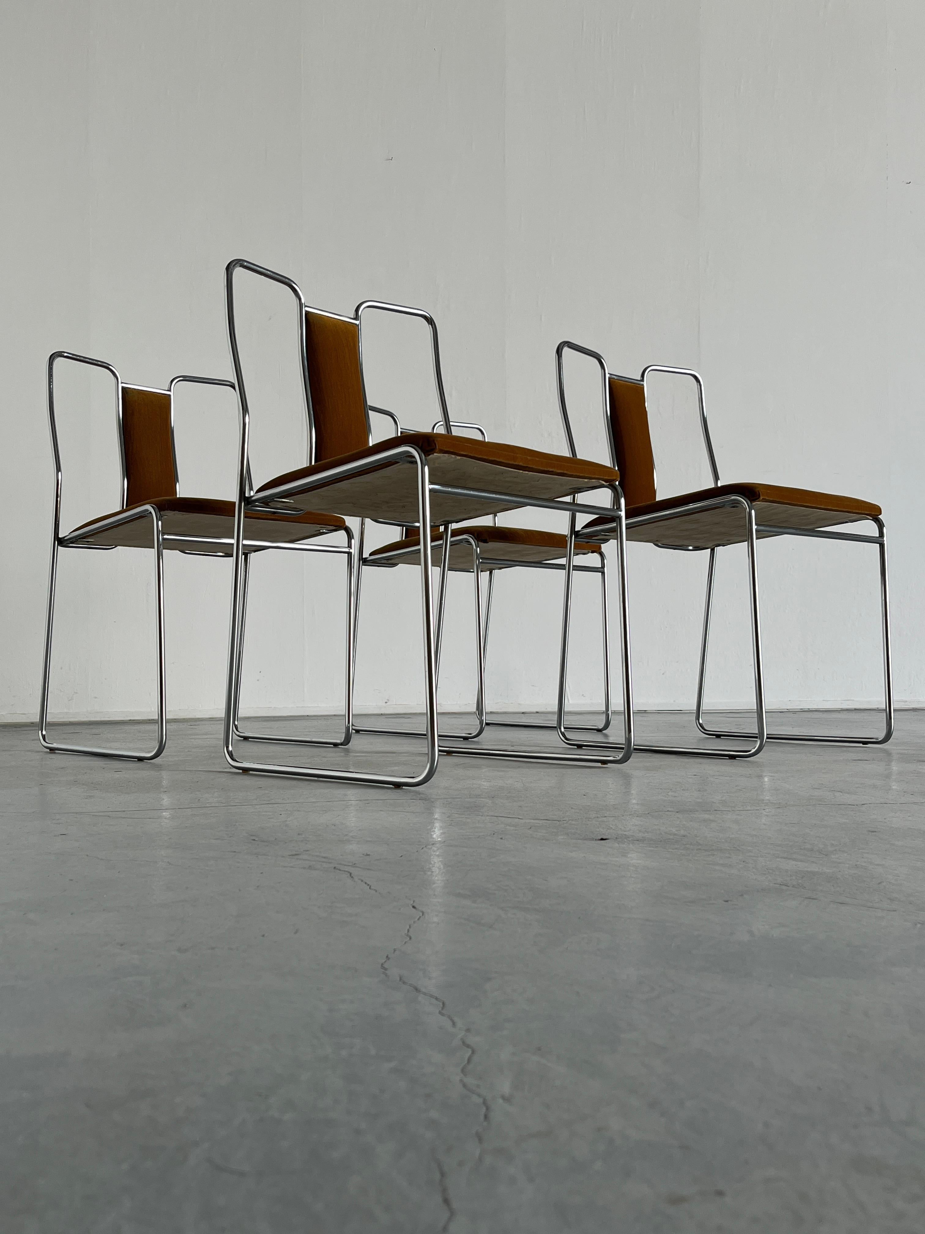 Set of 4 Italian Space Age Chromed Steel, Brown Velvet Dining Chairs, Italy 80s 1