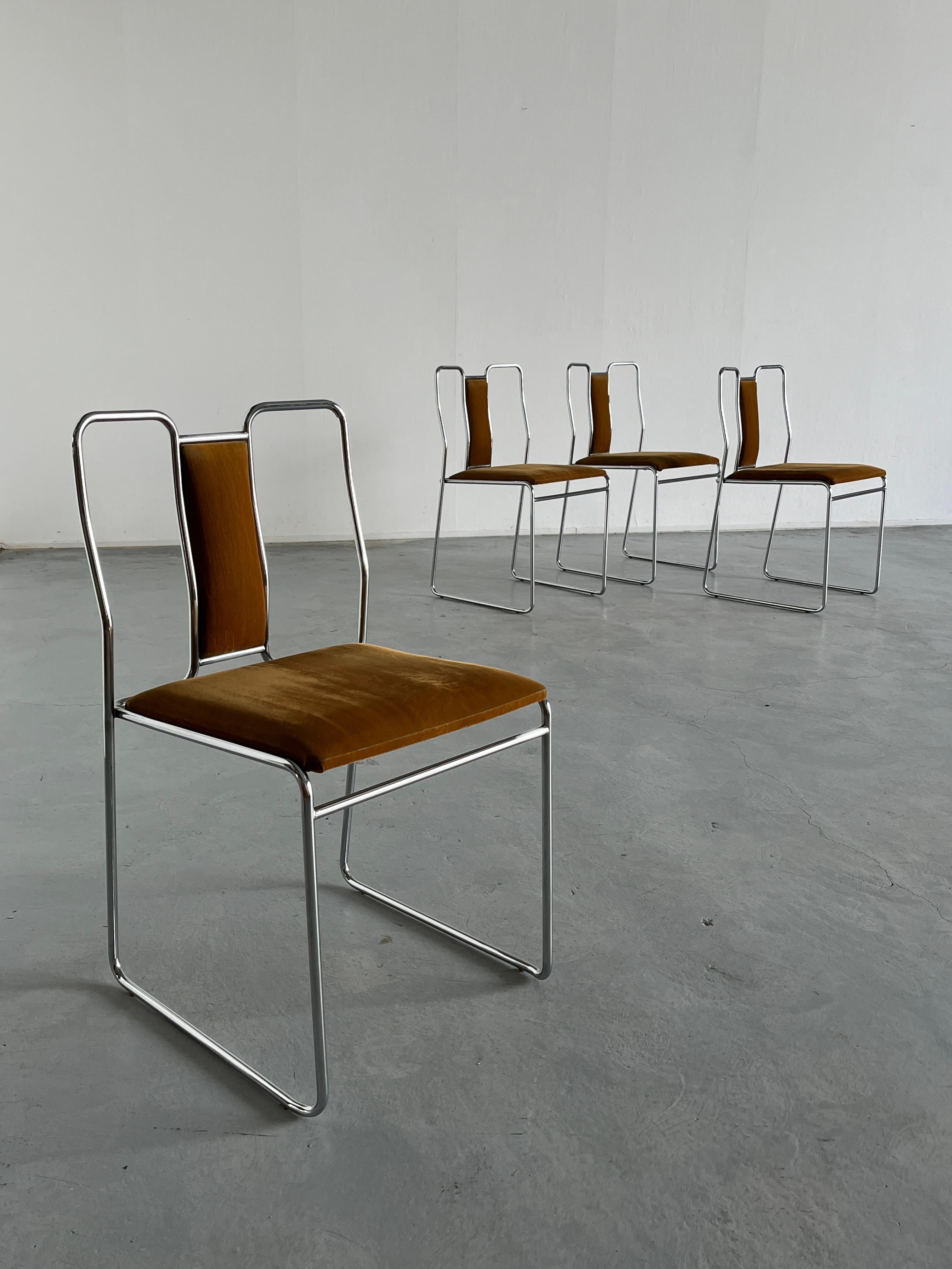 Set of 4 Italian Space Age Chromed Steel, Brown Velvet Dining Chairs, Italy 80s 2