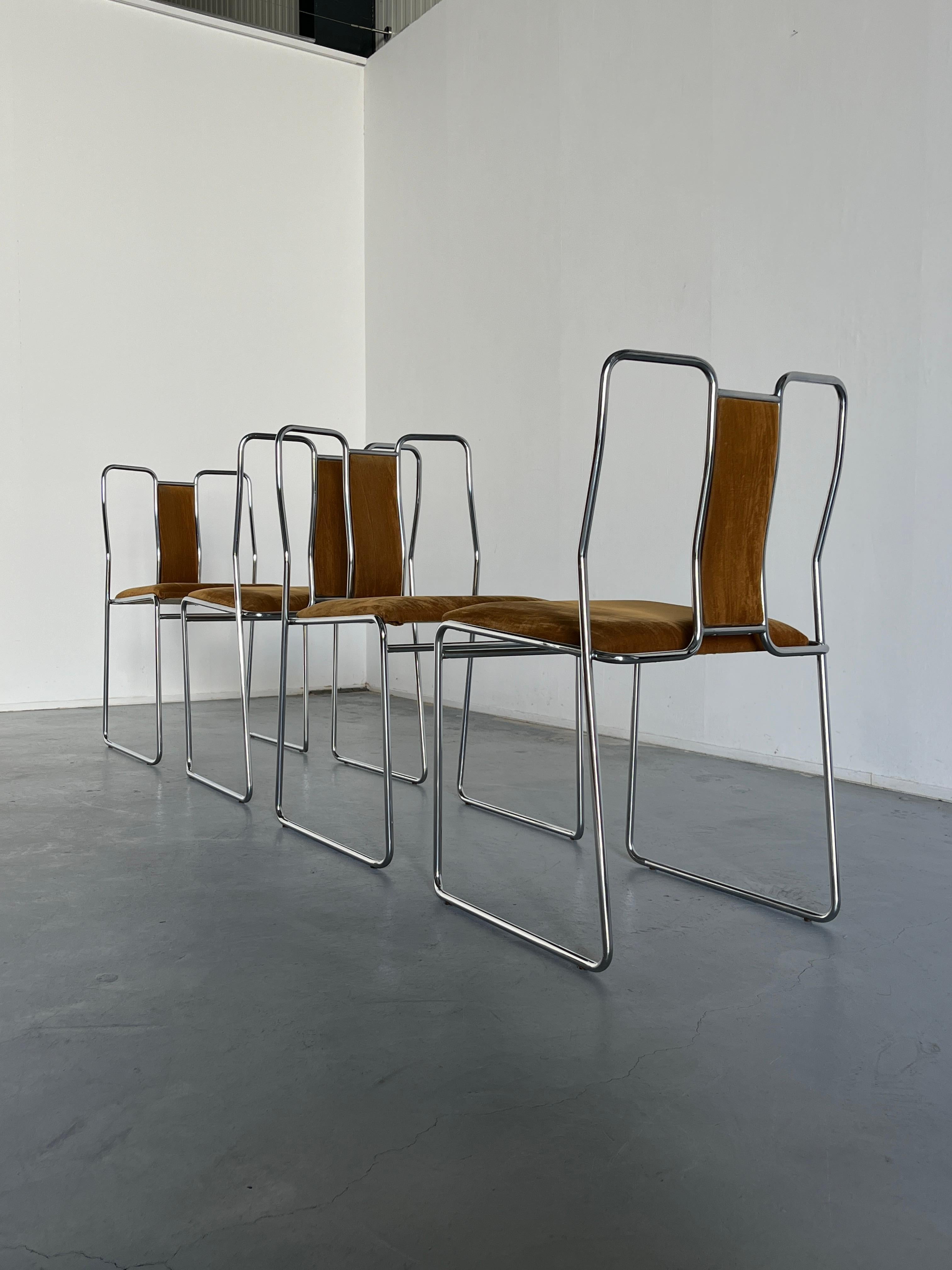 Set of 4 Italian Space Age Chromed Steel, Brown Velvet Dining Chairs, Italy 80s 3