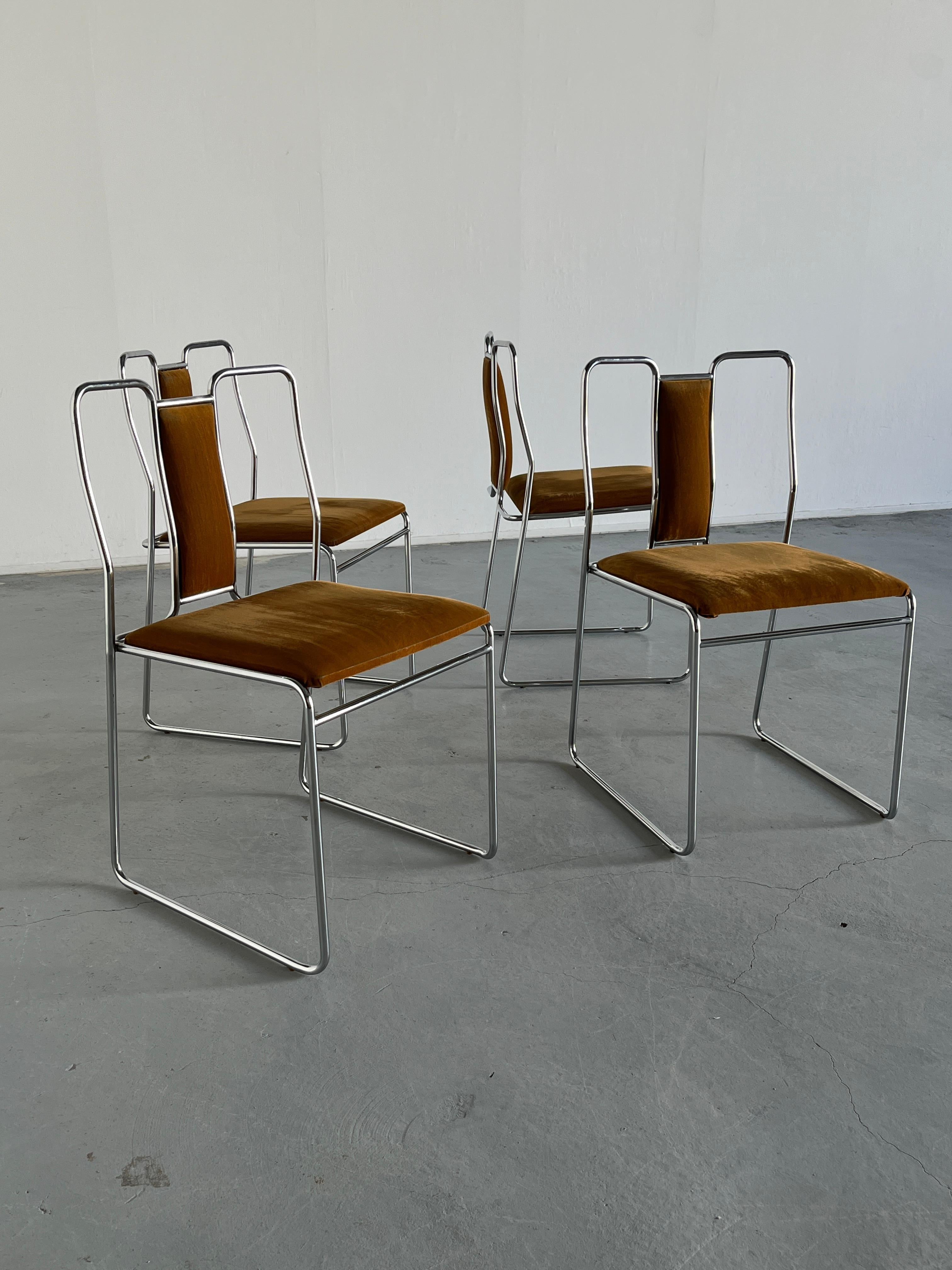 Set of 4 Italian Space Age Chromed Steel, Brown Velvet Dining Chairs, Italy 80s 4
