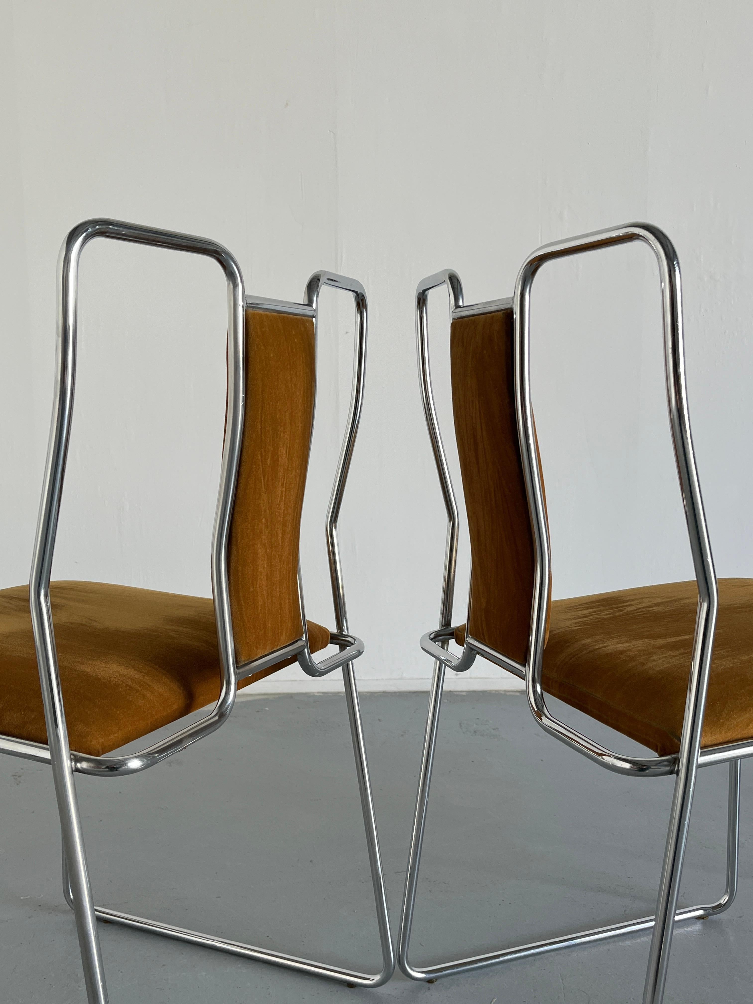 Set of 4 Italian Space Age Chromed Steel, Brown Velvet Dining Chairs, Italy 80s 5