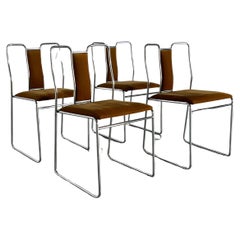Set of 4 Italian Space Age Chromed Steel, Brown Velvet Dining Chairs, Italy 80s
