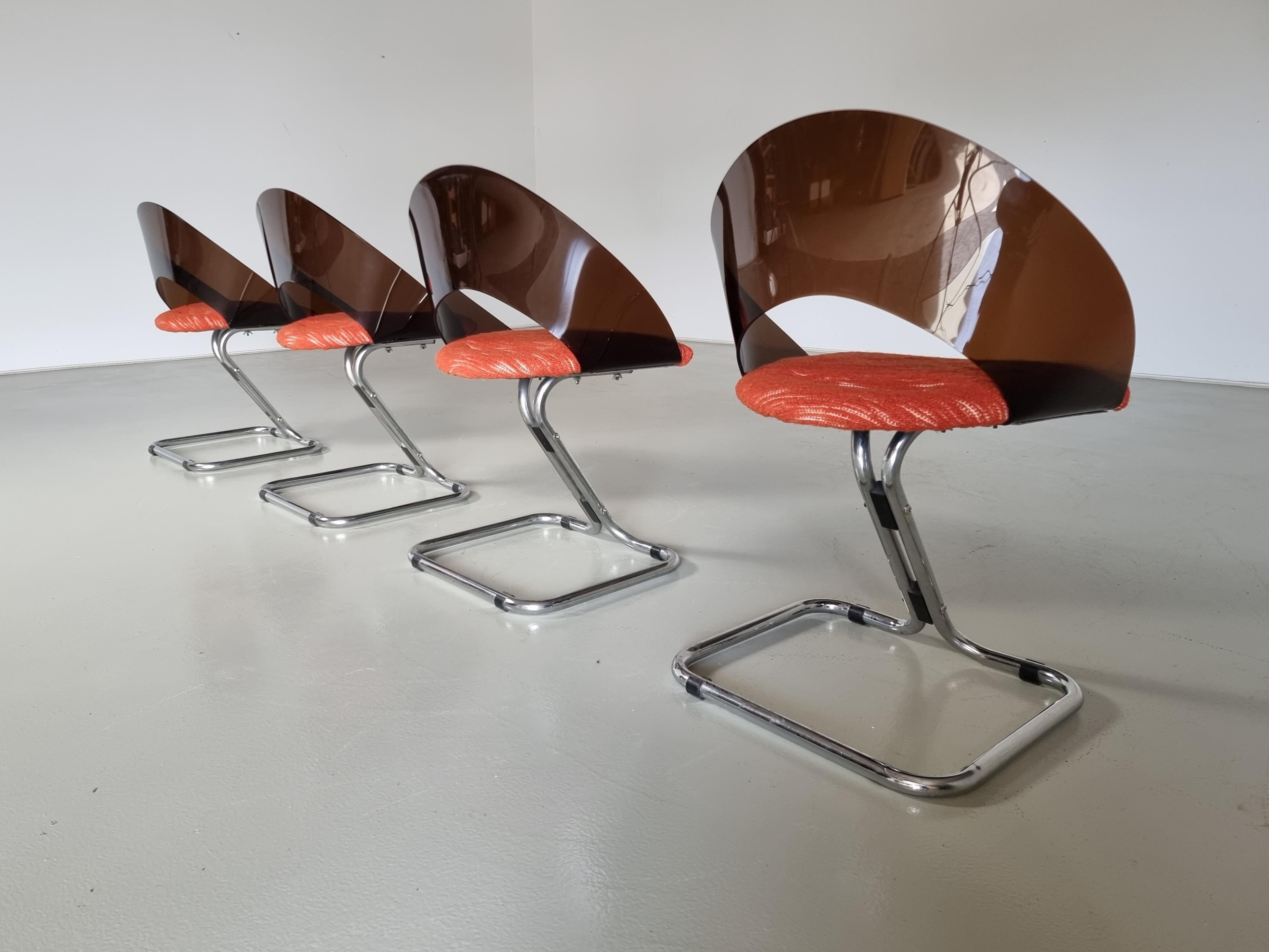 European Set of 4 Italian Spage Age Plexiglass Dining Chairs, 1970s For Sale