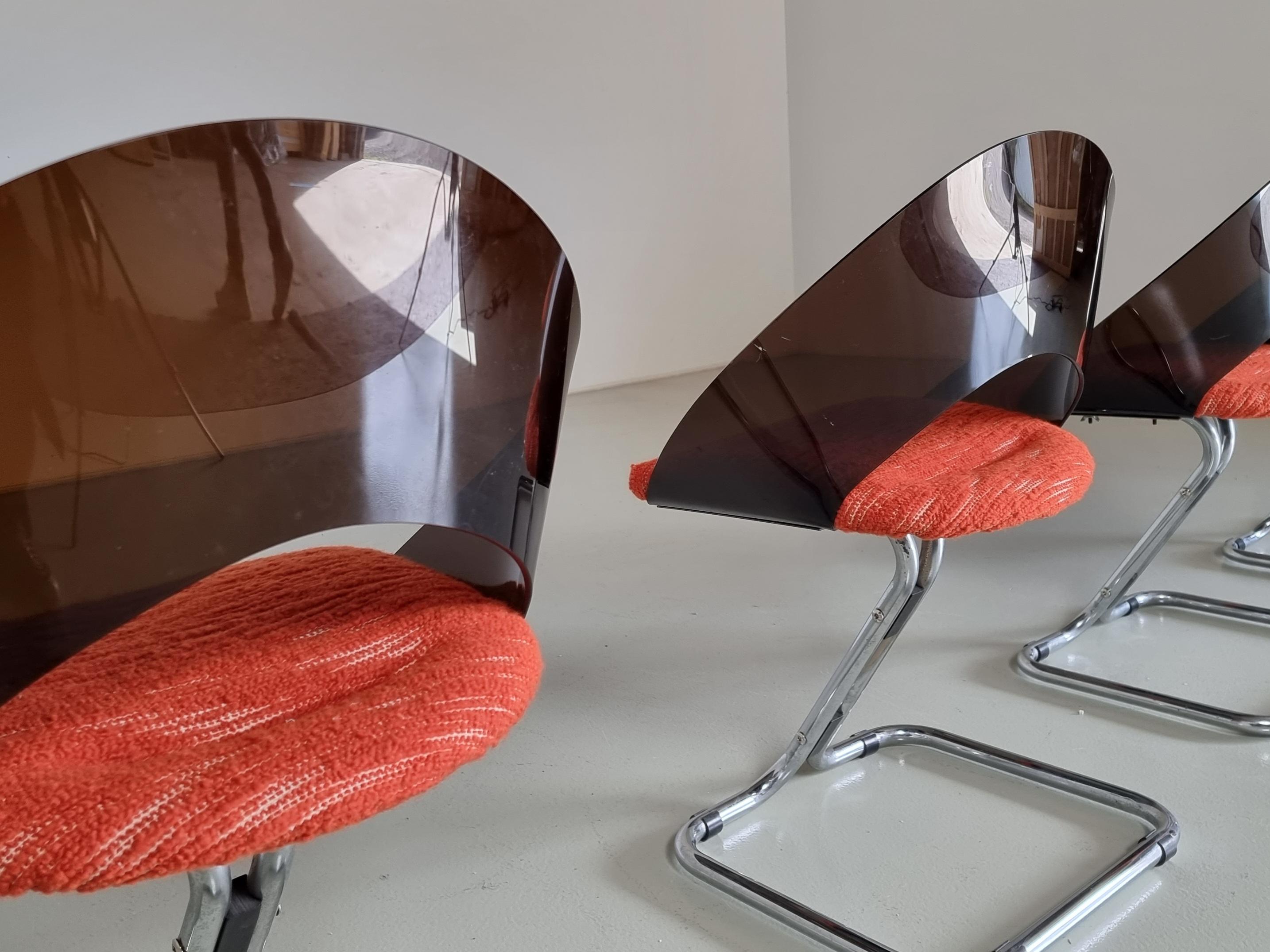 Chrome Set of 4 Italian Spage Age Plexiglass Dining Chairs, 1970s For Sale