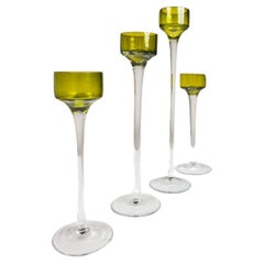 Set of 4 Italian Varying-Sized Green Glass Two-Tone Candlestick Holders, 1970