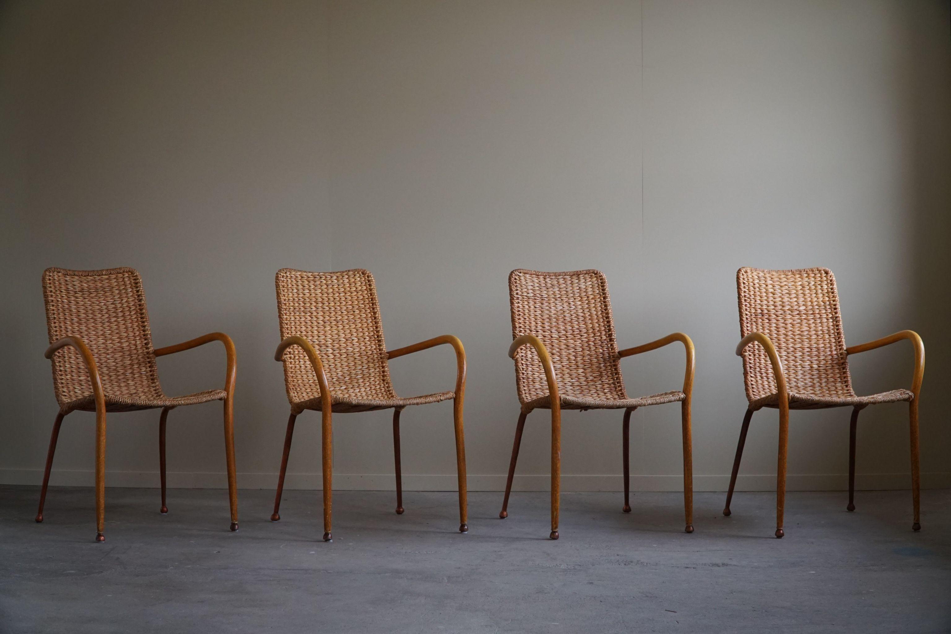 Juego de 4 sillones italianos vintage de mimbre y abedul, mediados del siglo XX, 1950 en venta 12