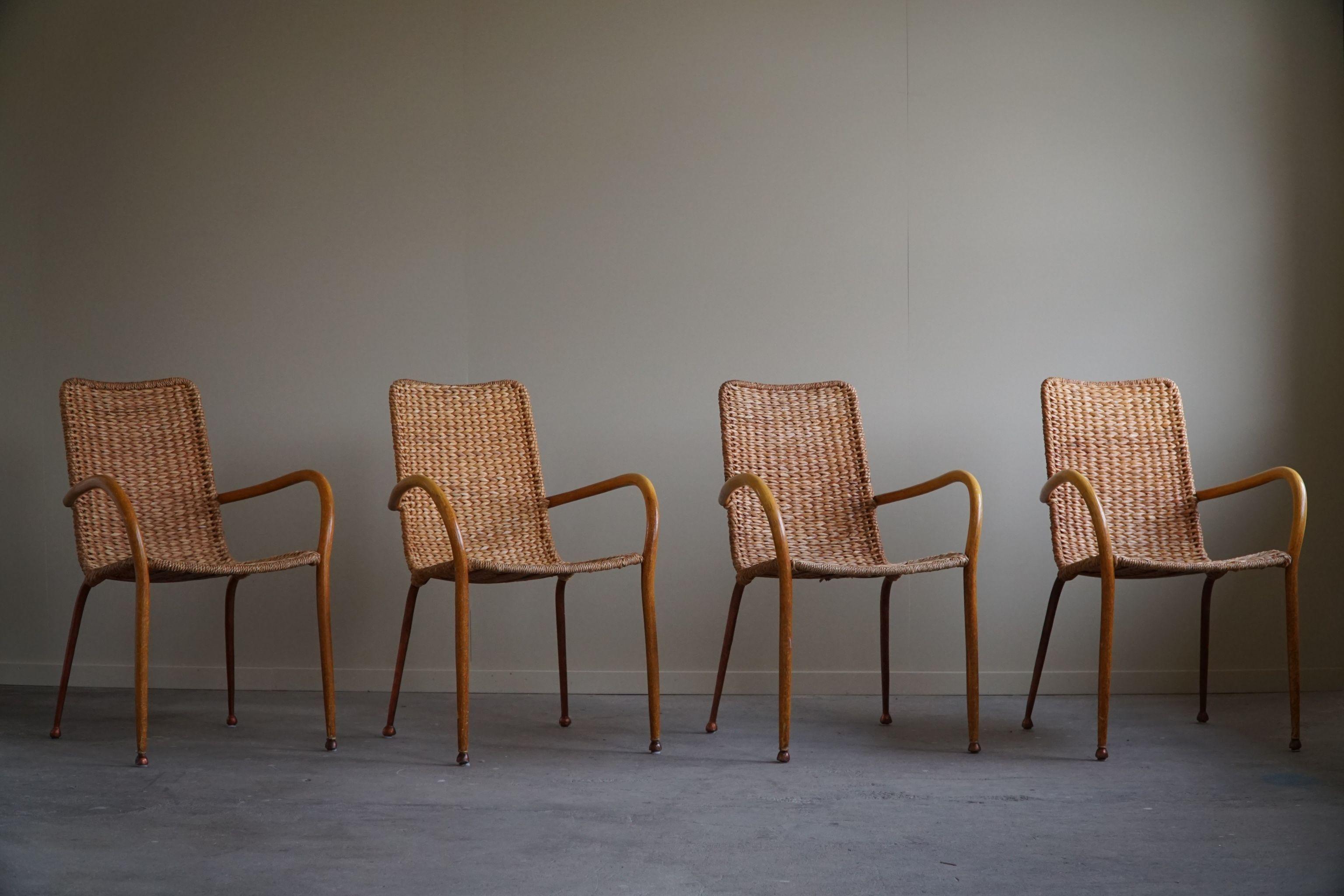 Set of 4 Italian Vintage Armchairs in Wicker & Birch, Mid-Century Modern, 1950 For Sale 13